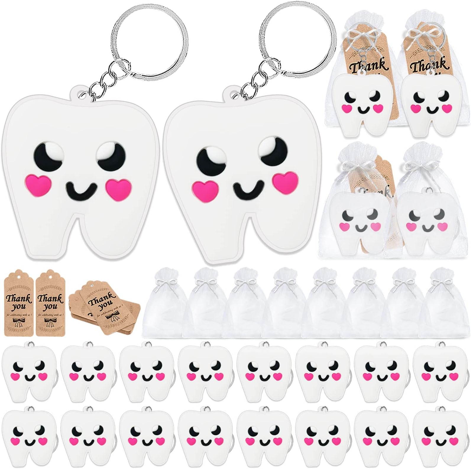 CiciBear 60 Pack Party Decorations for Guests, 20 Tooth Keychains, 20 Tags and 20 Gift Bags for First Tooth,Teeth Party,First Birthday,Clinic Graduation