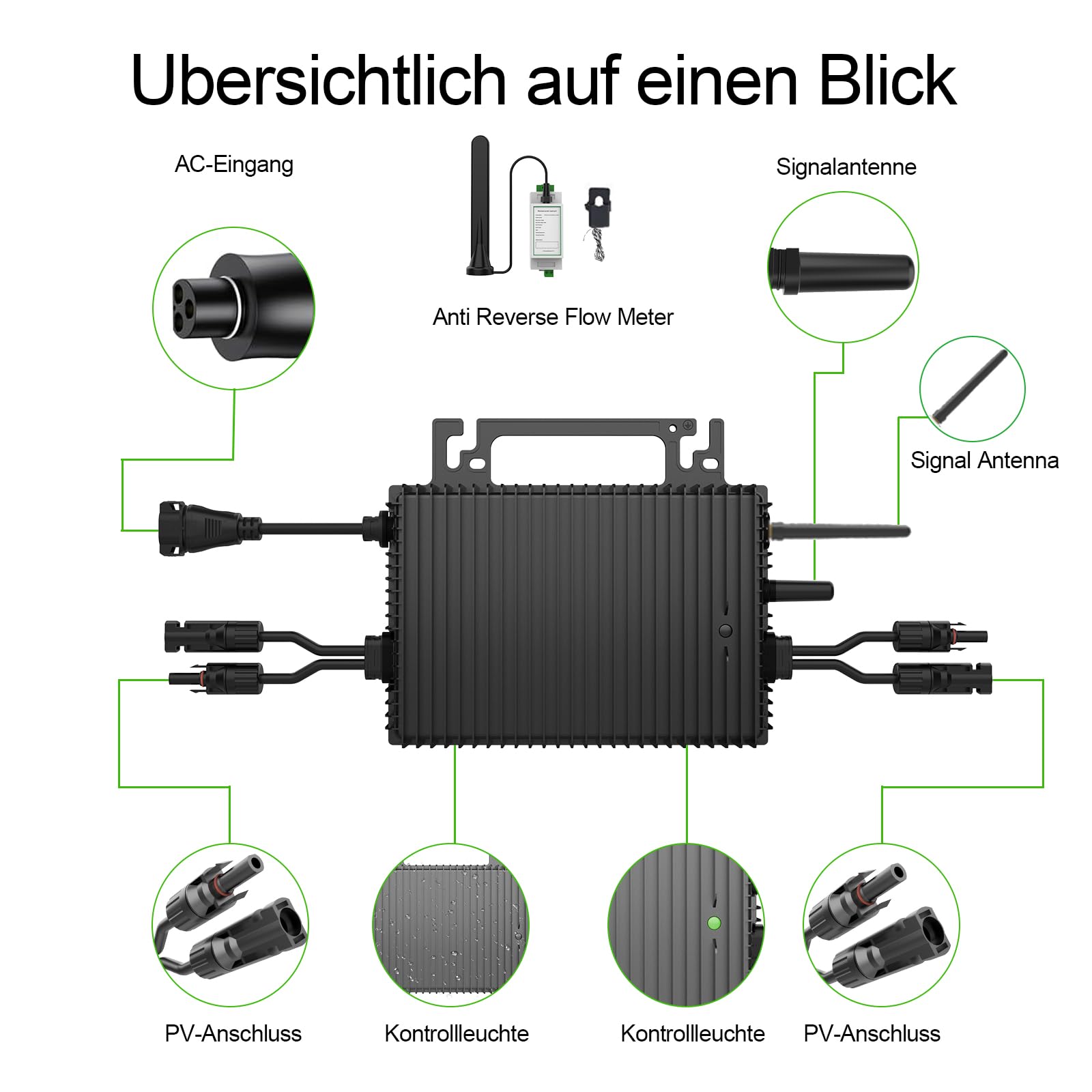 Rückflussverhinderer Mikro Wechselrichter 1200w, Solar PV Wechselrichter mit WLAN, IP67 wasserdicht, mit 5m AC Kabel für Balkonkraftwerk, integrierter MPPT， App Steuerung Plug Play