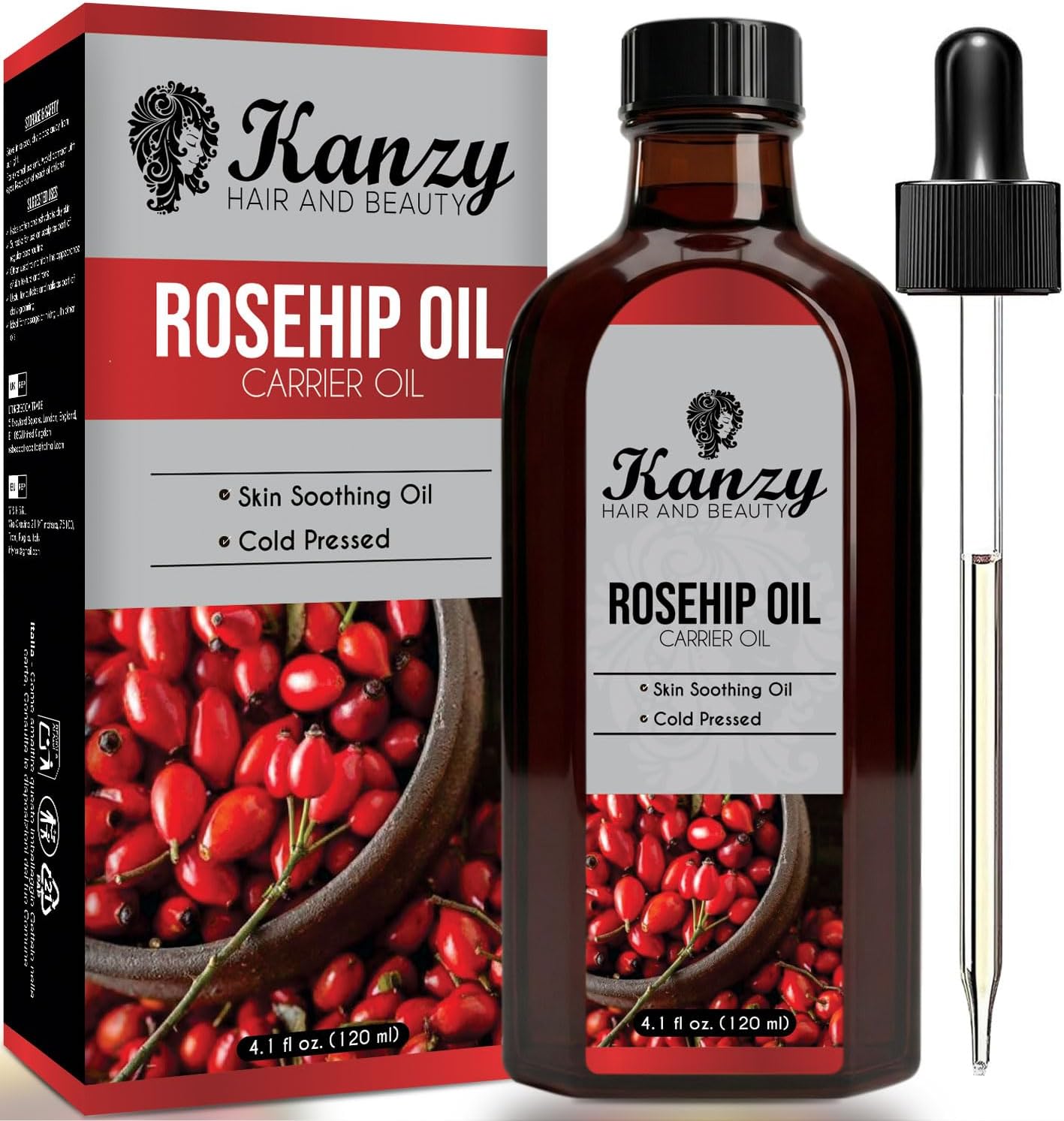 Kanzy Rosehip Oil for Face 120ml Rosehip Oil Cold Pressed Rose Hip Oil for Face 100% Pure Vegan Cruelty Free for Skin, Hair, Nails, and Body for Nourishment, Dryness, Fine lines and Scars