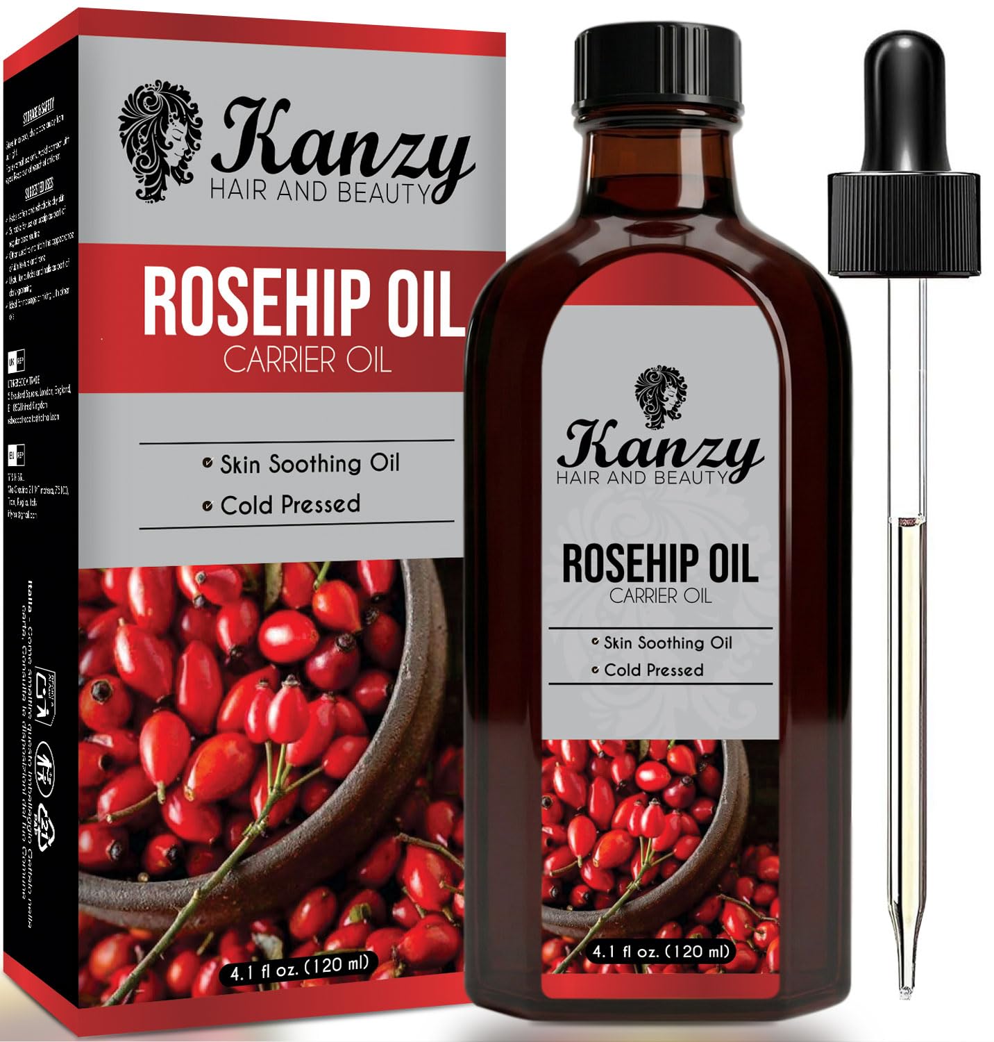 Kanzy Hagebuttenöl Kaltgepresst 100% Rein 120ml Rosehip Oil Wildrosenöl für Haut Haare Nägel Gesichtsöl Körperöl Vegan Hexanfreies Hagebuttenkernöl Anti-Aging Anti-Falten Natürlich