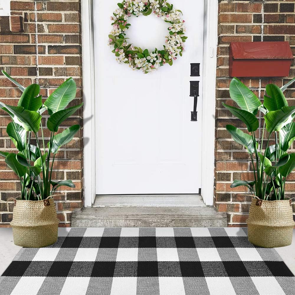 OJIA Buffalo Plaid Outdoor Rugs 24'' x 51'' Black and White Checkered Cotton Washable Hand-Woven Indoor/Outdoor Area Rugs Layered Door Mat for Front Porch/Kitchen/Farmhouse/Entryway