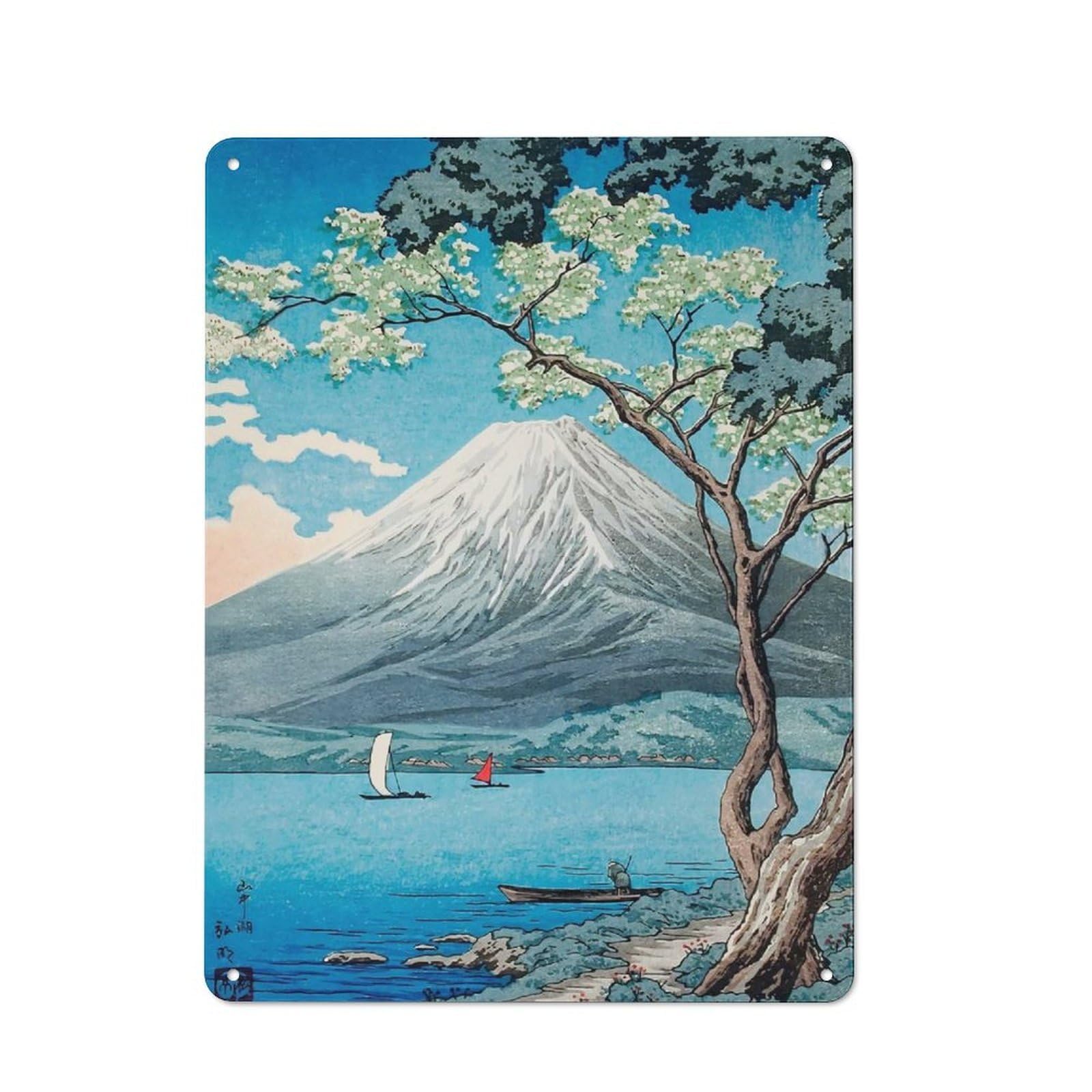 Junmoney Style-11 Workshop Style Ukiyo E Fuji Lake Yamanaka Tin Sign 40X30cm, Industrial Wall Art For Garage, Hobby Room, Office Or Man Cave