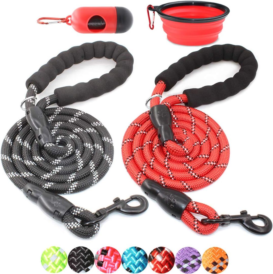 BAAPET 2 Packs 5/6 FT Dog Leash with Comfortable Padded Handle and Highly Reflective Threads Dog Leashes for Small Medium and Large Dogs (5FT-1/2”, Black+Red)