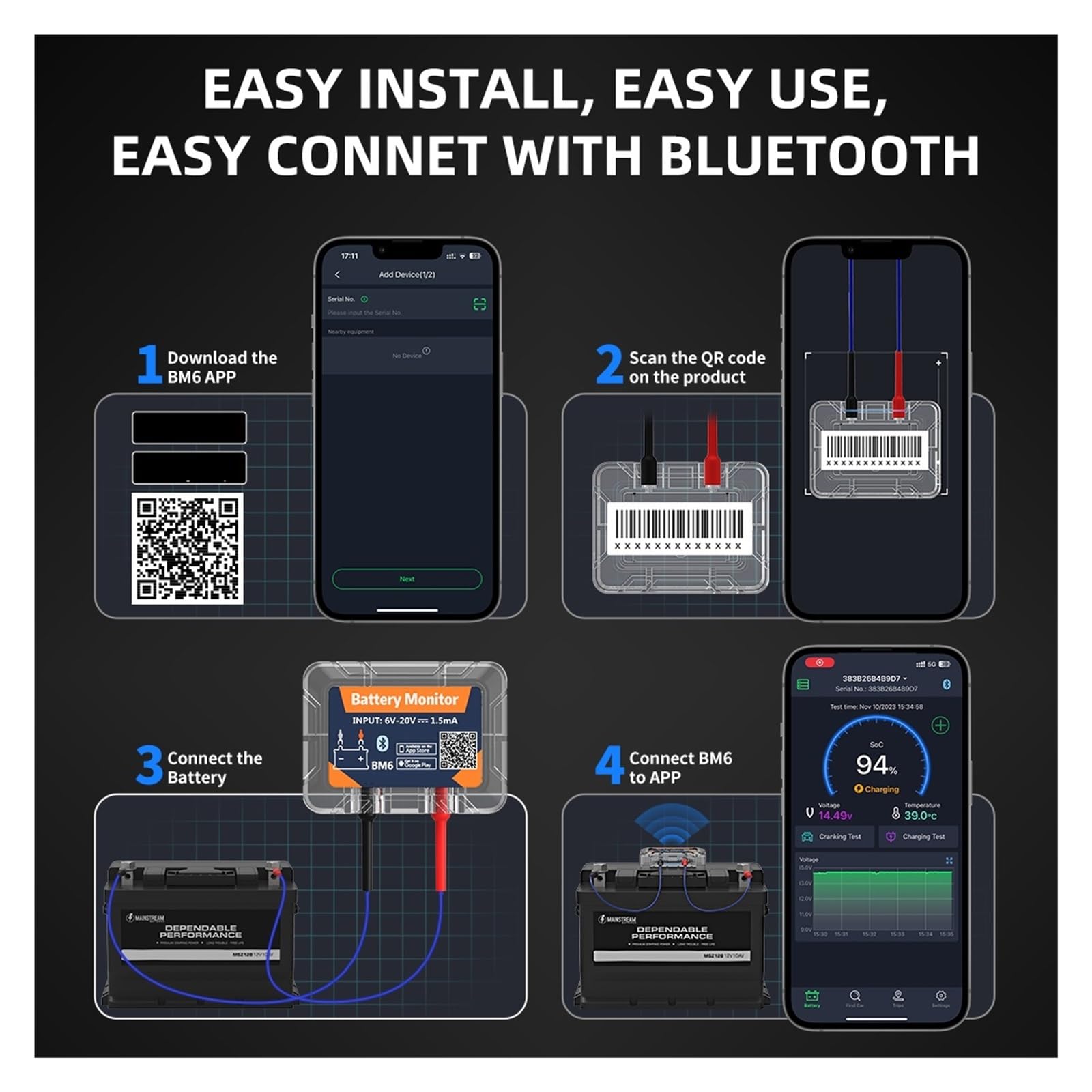 Monitor De Batería Inalámbrico Bluetooth, Probador De Batería De Monitoreo De Salud De Batería De Coche De 12V For Motocicleta, Camión Y Coche