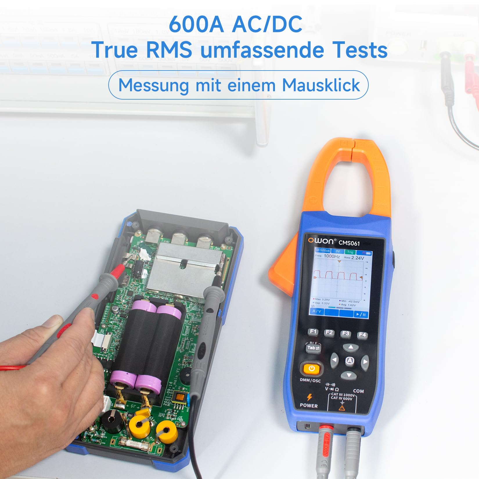 OWON CMS061 AC/DC Stromzange 600A, Schreiberfunktion, Oszilloskopfunktion 3 in 1, 20000 Count True RMS Auto-ranging, Alarmfunktion, NCV Funktion, Bluetooth Stromzange für Elektrofahrzeuge
