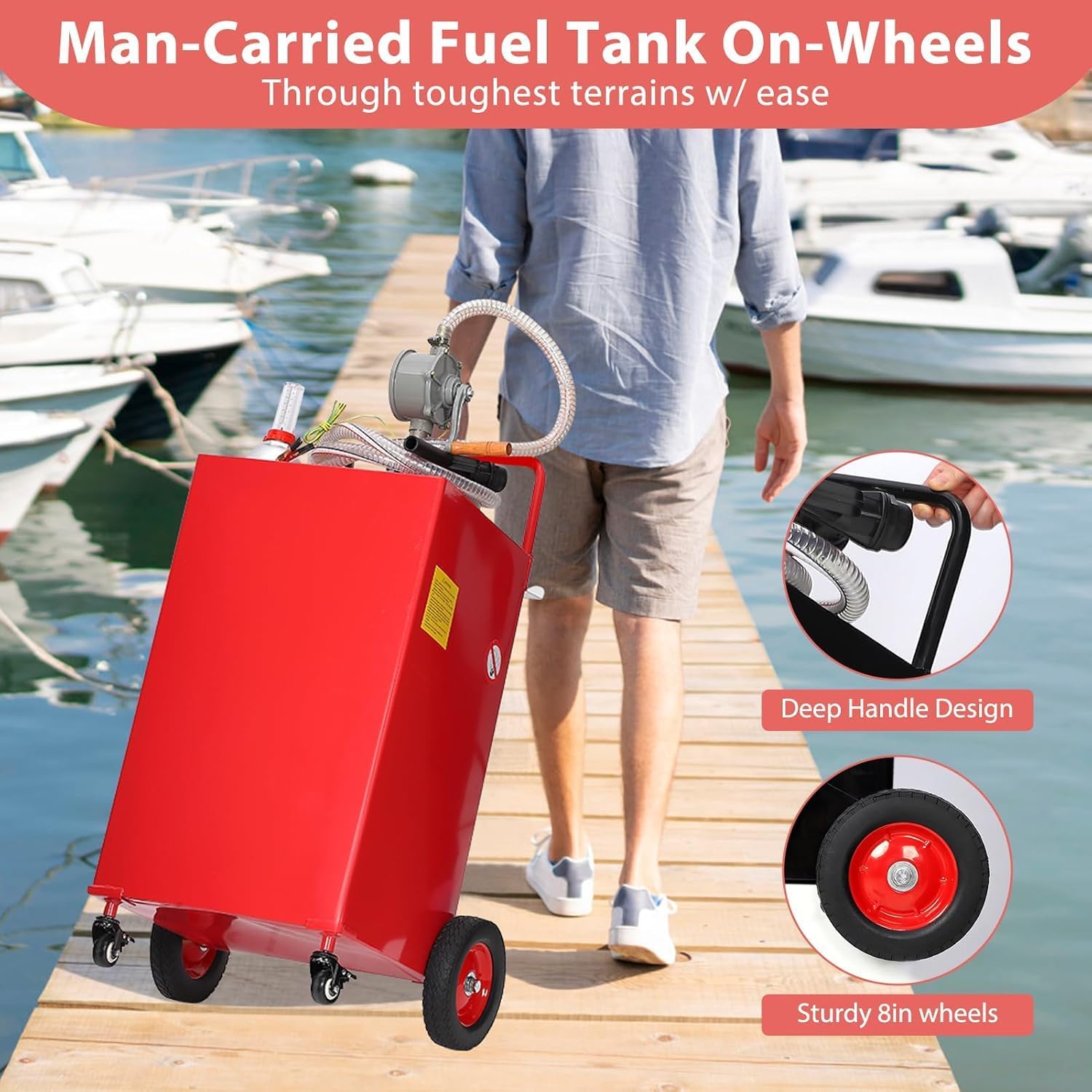 30 Gallon Fuel Caddy with Manual Pump,Portable Gasoline & Diesel Transfer Tank Heavy Duty Tank Gas with 4-Wheel for Cars,Boats