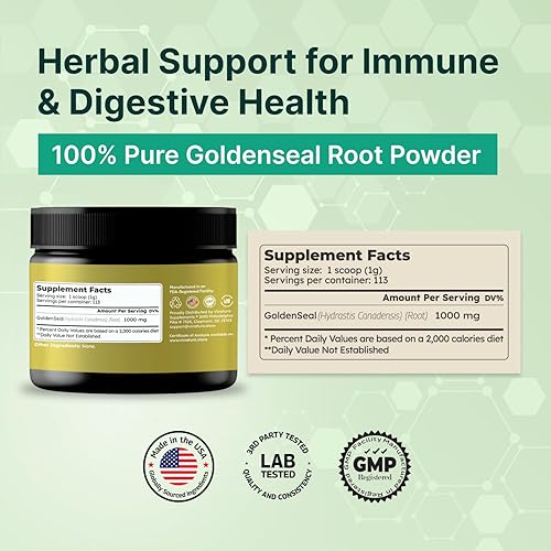 Miniatura 2 de Polvo de raíz Goldenseal – 4 onzas, 113 porciones, fabricado y probado en Estados Unidos, suplemento de polvo de raíz de sello dorado natural puro