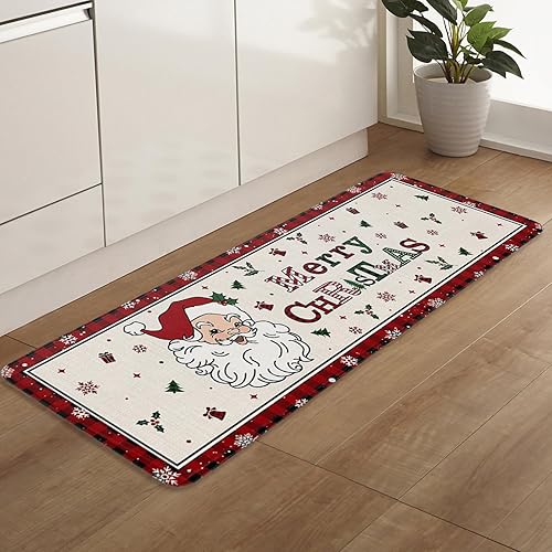 Miniatura 7 de Juego de 2 tapetes de cocina de Feliz Navidad, decoración de Papá Noel, color rojo y negro, a cuadros, antideslizantes, alfombras de cocina lavables