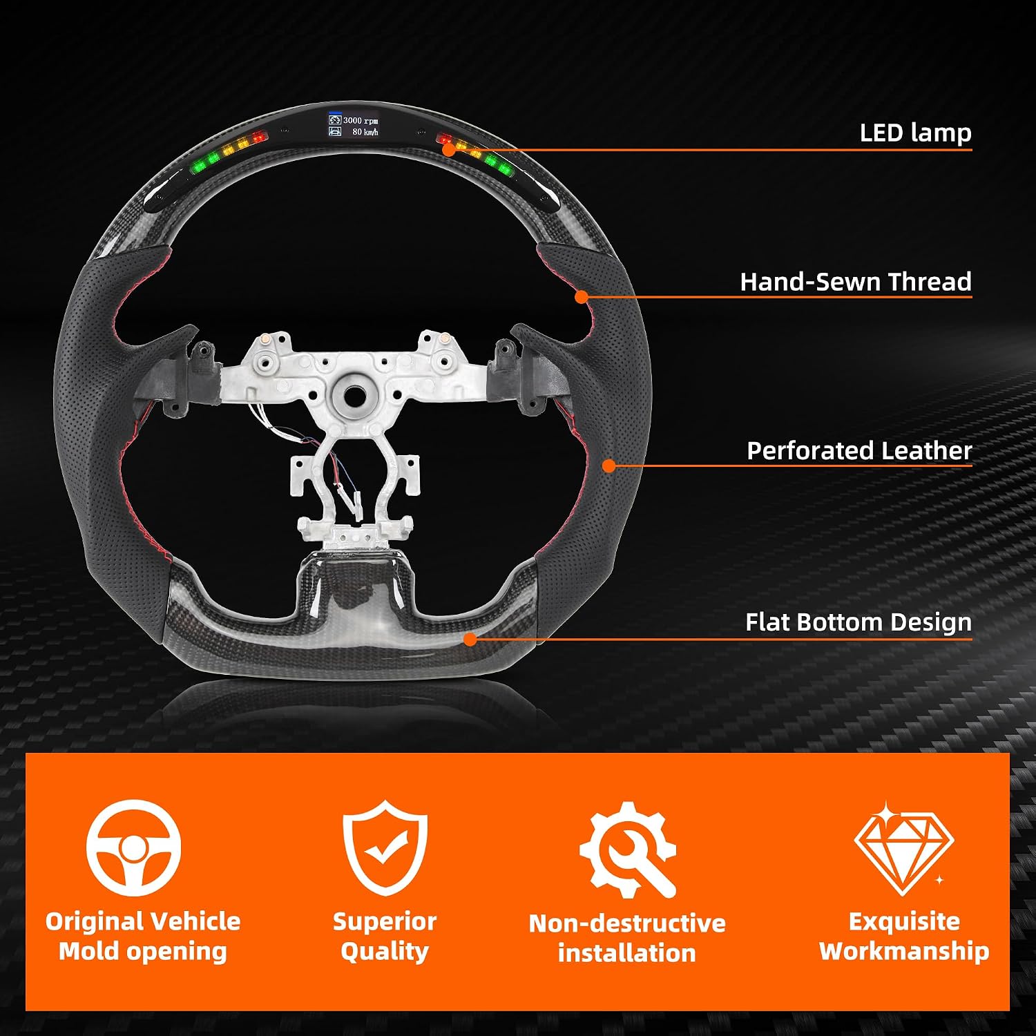 Real Carbon Fiber LED Steering Wheel for Infiniti 2007-2013 G37 G37X LED Display Indicator Perforated Leather Anti-Slip Steering Wheel D-shaped Flat Bottom