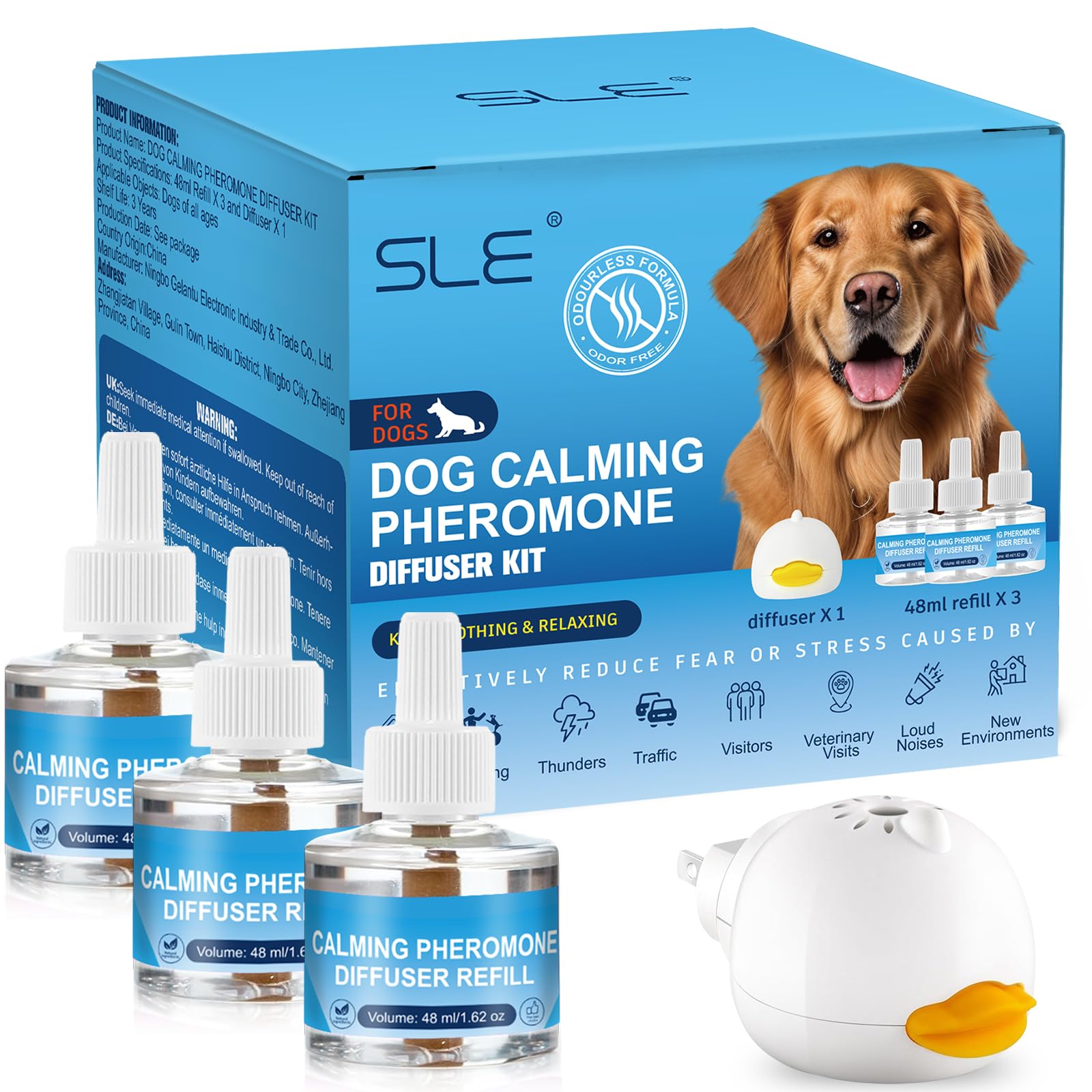 Dog Pheromone Diffuser, Pheromones Calming Diffusers for Dogs Anxiety Relief 3 Refills & 1 Calming Diffuser, Relieve Separation Anxiety, Stress Barking and Chewing Calm Relaxing (1)