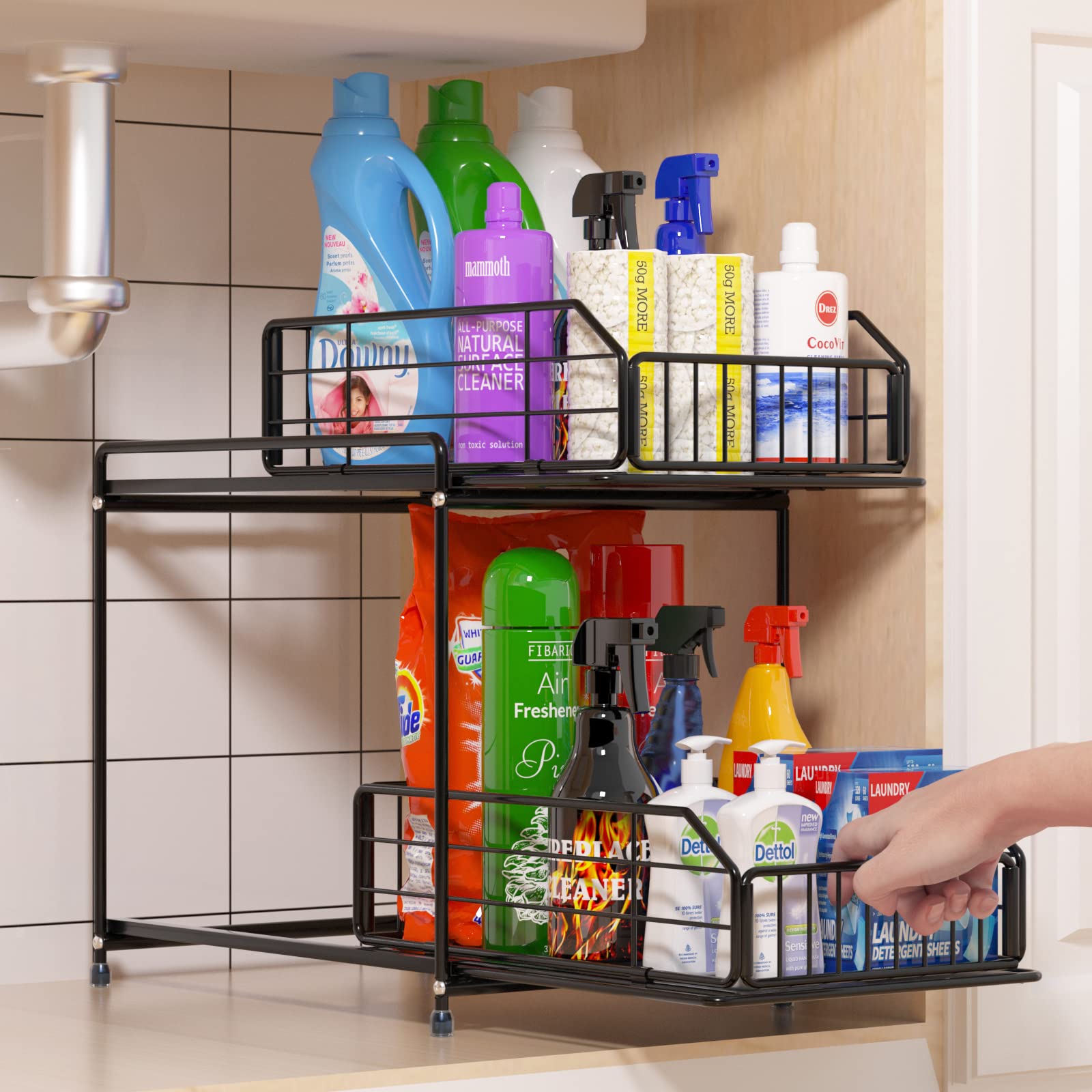 STILLDIO Metal Under Sink Organizer and Storage with 2 Tier Slide Out Wire Baskets Sliding Drawers for Kitchen Bathroom Office Toilet Under Cabinet Shelf Countertop Heavy Duty Collection Space Saver