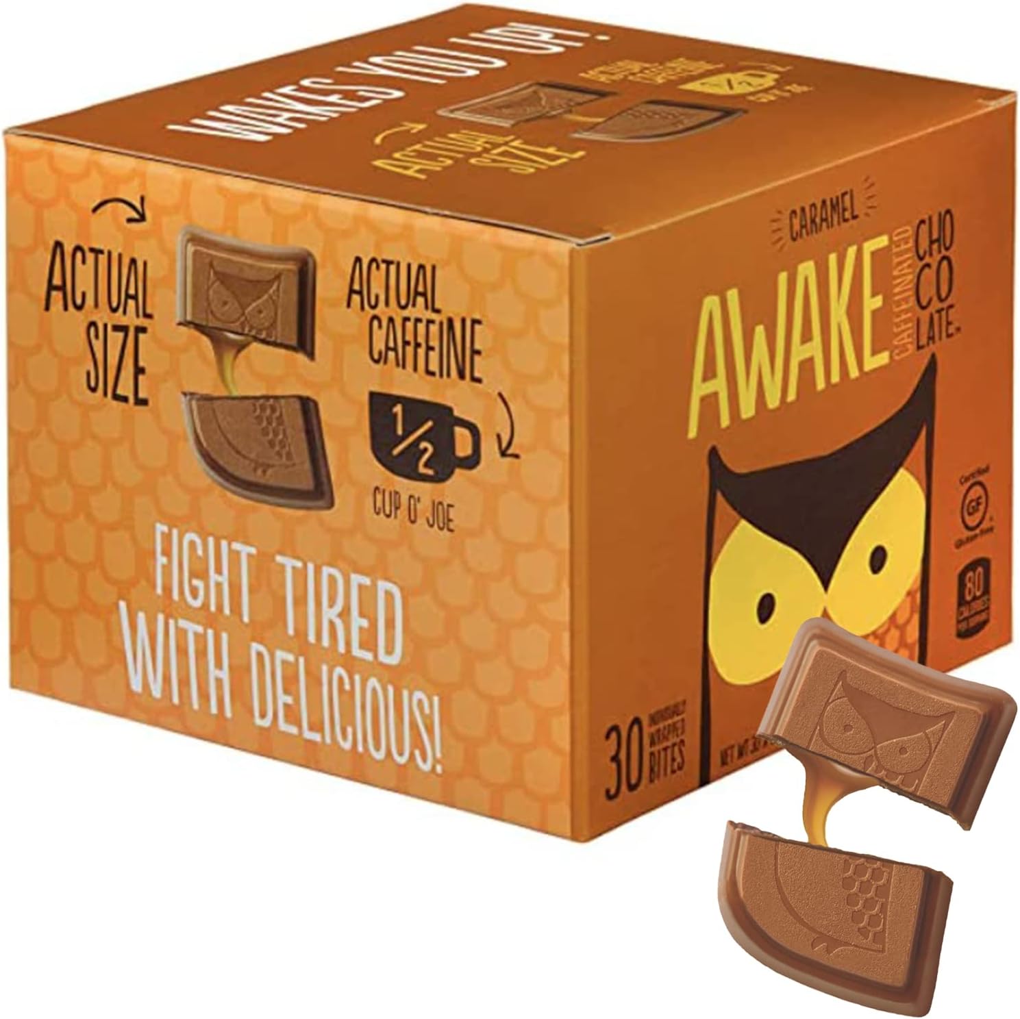 AWAKE - Caffeinated Chocolate Bites - Coffee Alternative - Low Calorie Snacks - Bite Size Energy Bars - 50mg of Caffeine in Each Bite - Non GMO - Low Carb - Gluten Free - Caramel Chocolate - 30 Bites