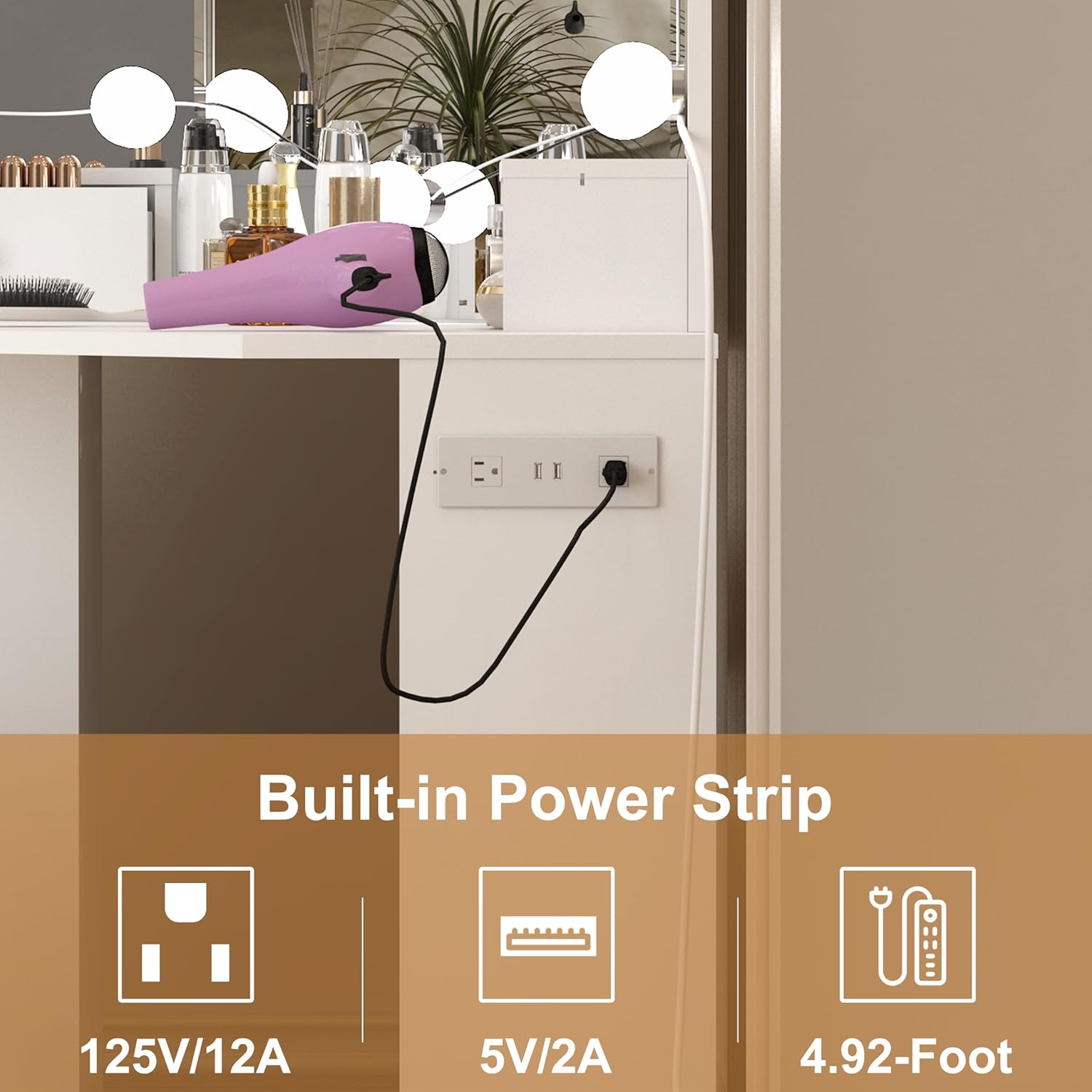 Corner Vanity Makeup Desk with Vanity Mirror, Built-in Lights, 2 Drawers, Power Outlet, Makeup Desk for Bedroom, White