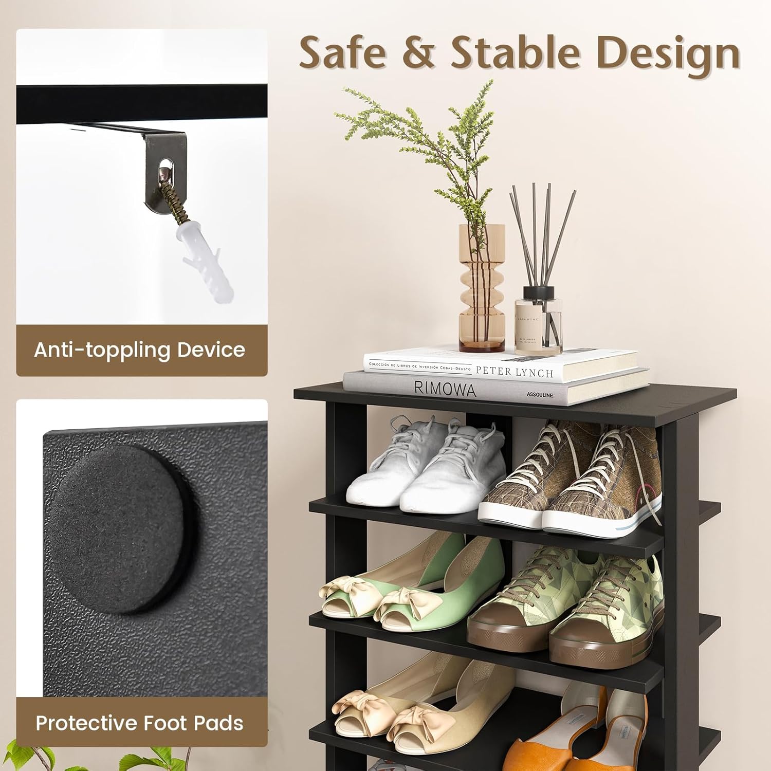 7-Tier Vertical Shoe Rack, Wooden Slim Shoe Storage Shelf, Space-Saving Shelf Tower for Boots, Closet and Entryway (Large, Black)