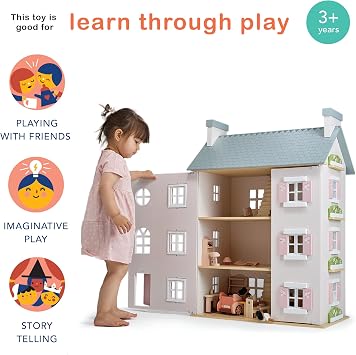 Mentari Toys - Heather Hall - Large 4-Storey Wooden Dollhouse - DIY Doll House with Easy Assembly, Holiday Birthday Gift for Kids Girls Age 3+, Inspires Imaginative Role Play
