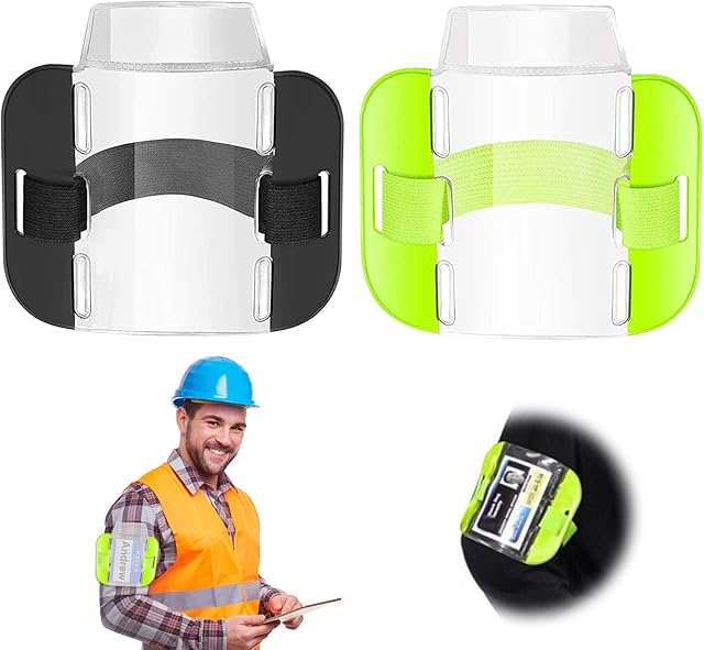 2 Pcs Armband Badge Holder ID Card Armband Holder armband for badge License Badge Holder with Adjustable Strap for Emergency Workers Security Staff Doorman Warehouse Factory (Black, Fluorescent Green)
