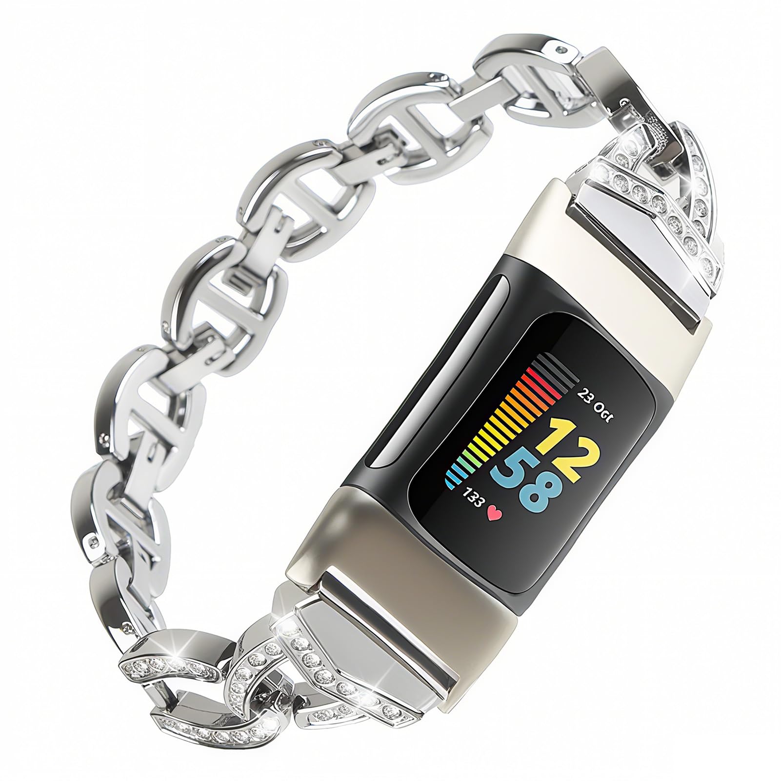 Straps for Fitbit Charge 6 Charge 5 Alloy Metal Women band with Slim Bling Glitter Diamond Rhinestones Crystal Hollow Quick Release Sliver Adjustable Replacement Wristband Ladies Watch Strap Bracelet