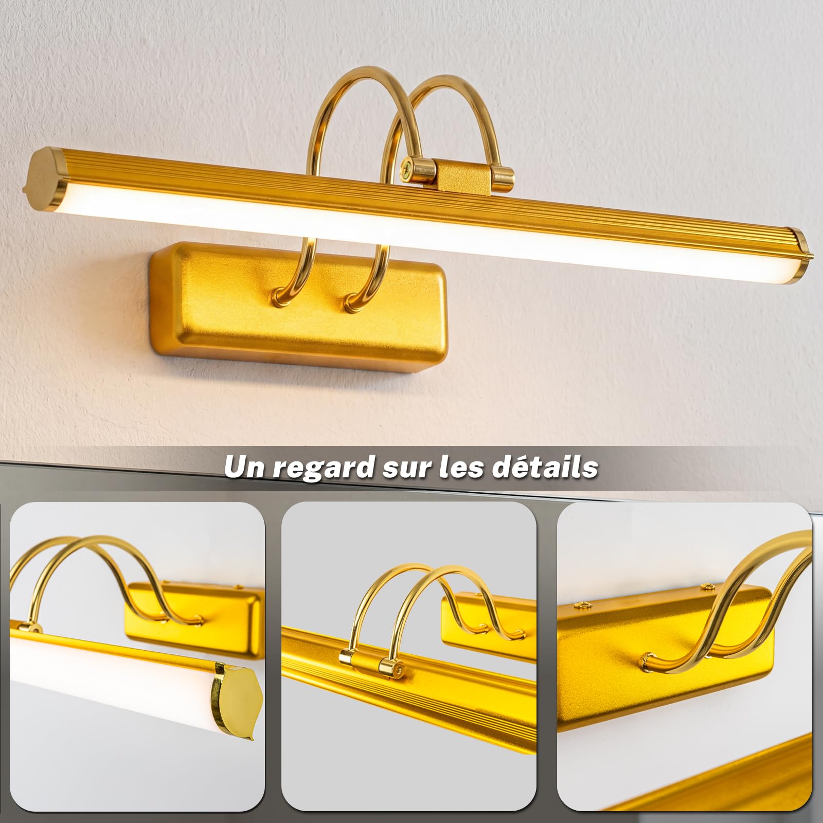 Lampada a LED per specchio da bagno, 3 temperature di colore, applique da parete sopra lo specchio, 42cm, 8W, IP44, 950 lumen, oro, illuminazione moderna per specchio, lampada da parete per specchio