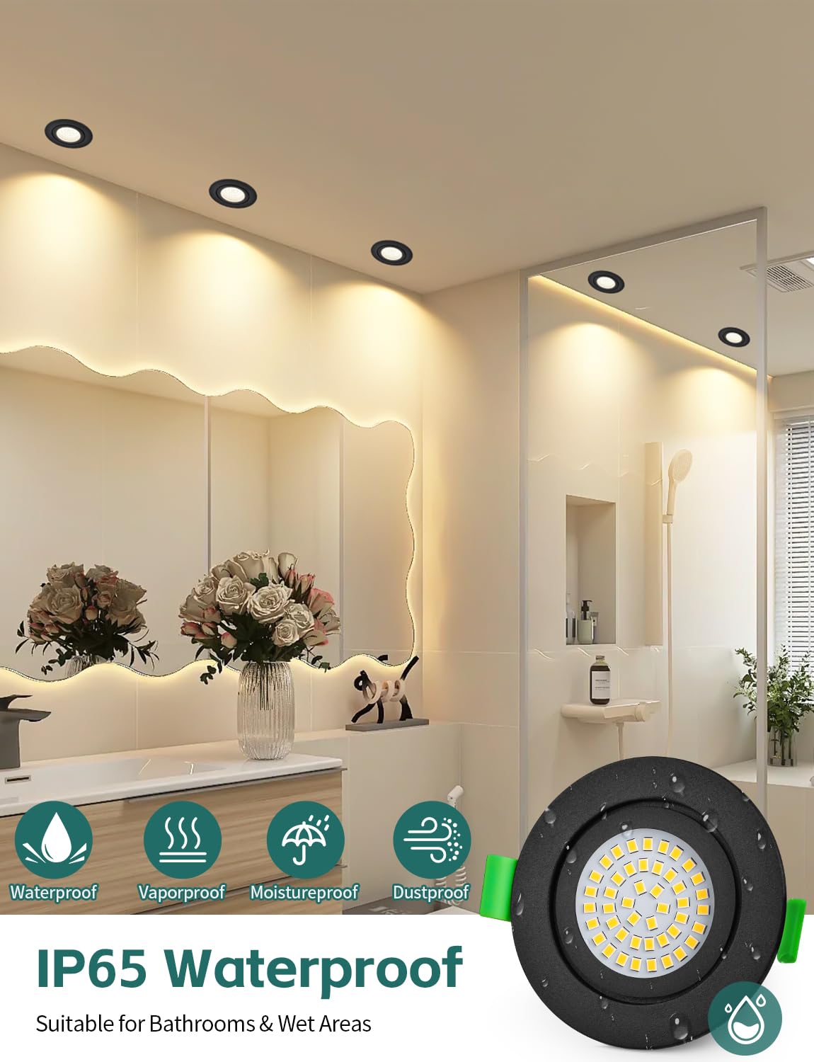 KYOTECH Reflektor LED do zabudowy z możliwością ściemniania, 5 W, IP65, nieobrotowy, 65–75 mm, ultracienki reflektor LED do wbudowania, naturalny biały, 4000 K, do zastosowania wewnątrz łazienki