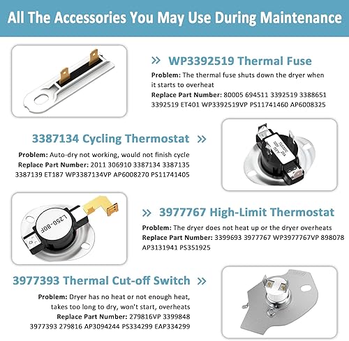 Miniatura 3 de 279838 - Conjunto de elementos de calefacción para secadora 3387134 termostato de ciclismo 3392519 fusible térmico para secadora 3977767 termostato
