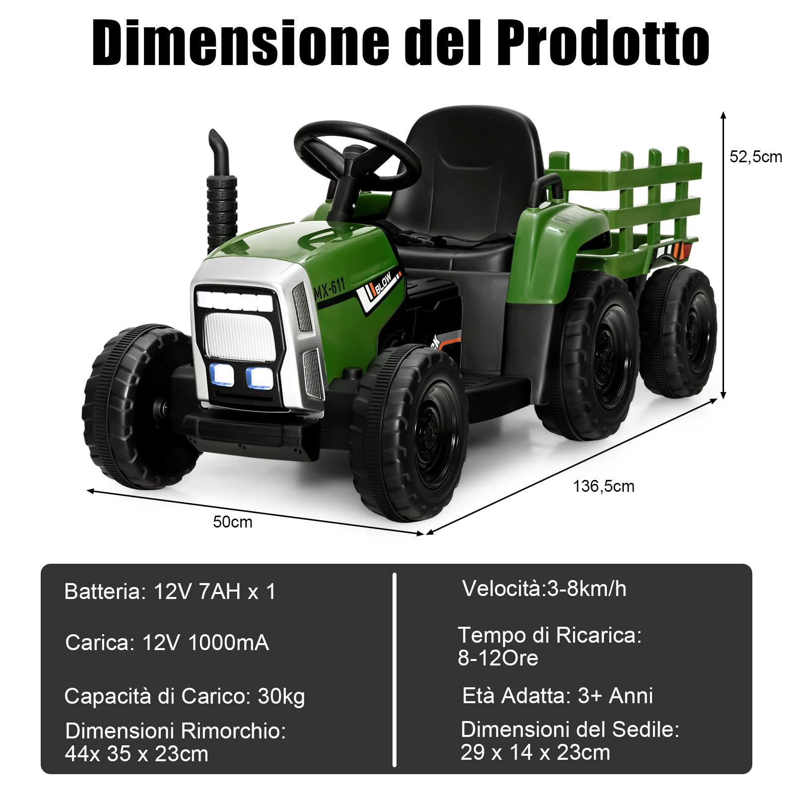 GYMAX Trattore Elettrico per Bambini con Telecomando, Giocattolo Cavalcabile con Funzione di Luce, Musica e Bluetooth, 6 Ruote Antiscivolo, 136 x 51 x 52 cm (Verde Scuro)