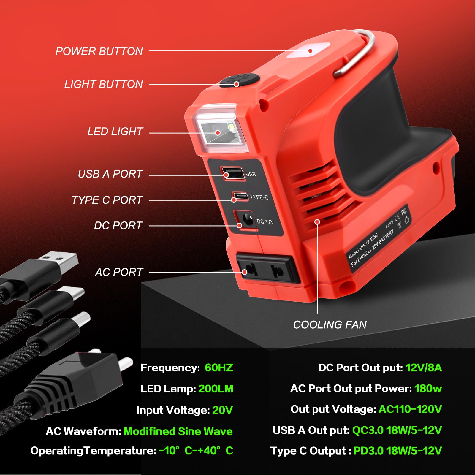 220W Wechselrichter für Einhell 18V Akku, DC 18V auf AC 220-230V Spannungswandler Adapter mit USB Typ-C DC12V Anschluss und LED Lampe, Notstromaggregat für Camping