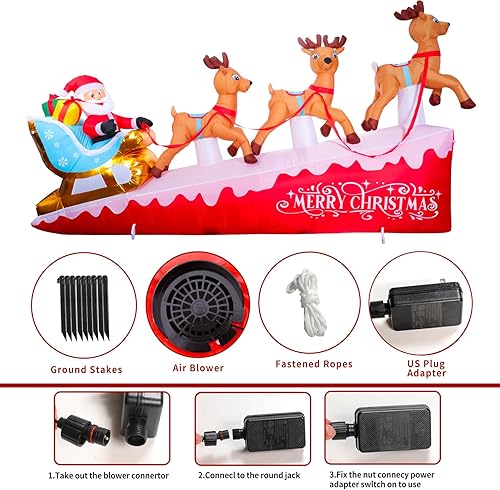 Vista 8 de Inflables grandes de Navidad de 13.5 pies para exteriores, Papá Noel inflable en trineo con 3 renos, decoración inflable iluminada para fiestas