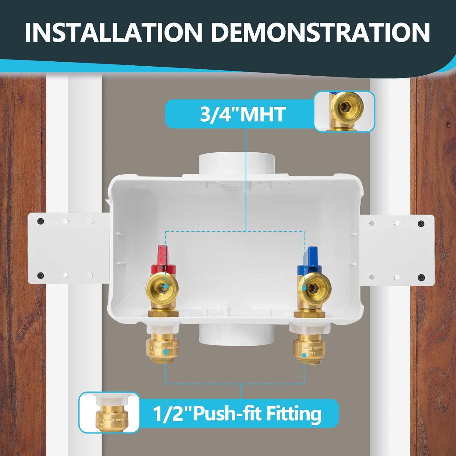 Washing Machine Outlet Box, Center Drain, 1/2 Inch Push-Fit Inlet x 3/4 Inch MHT Outlet Connection, Laundry Washer Valve Outlet Box (Pack of 50)