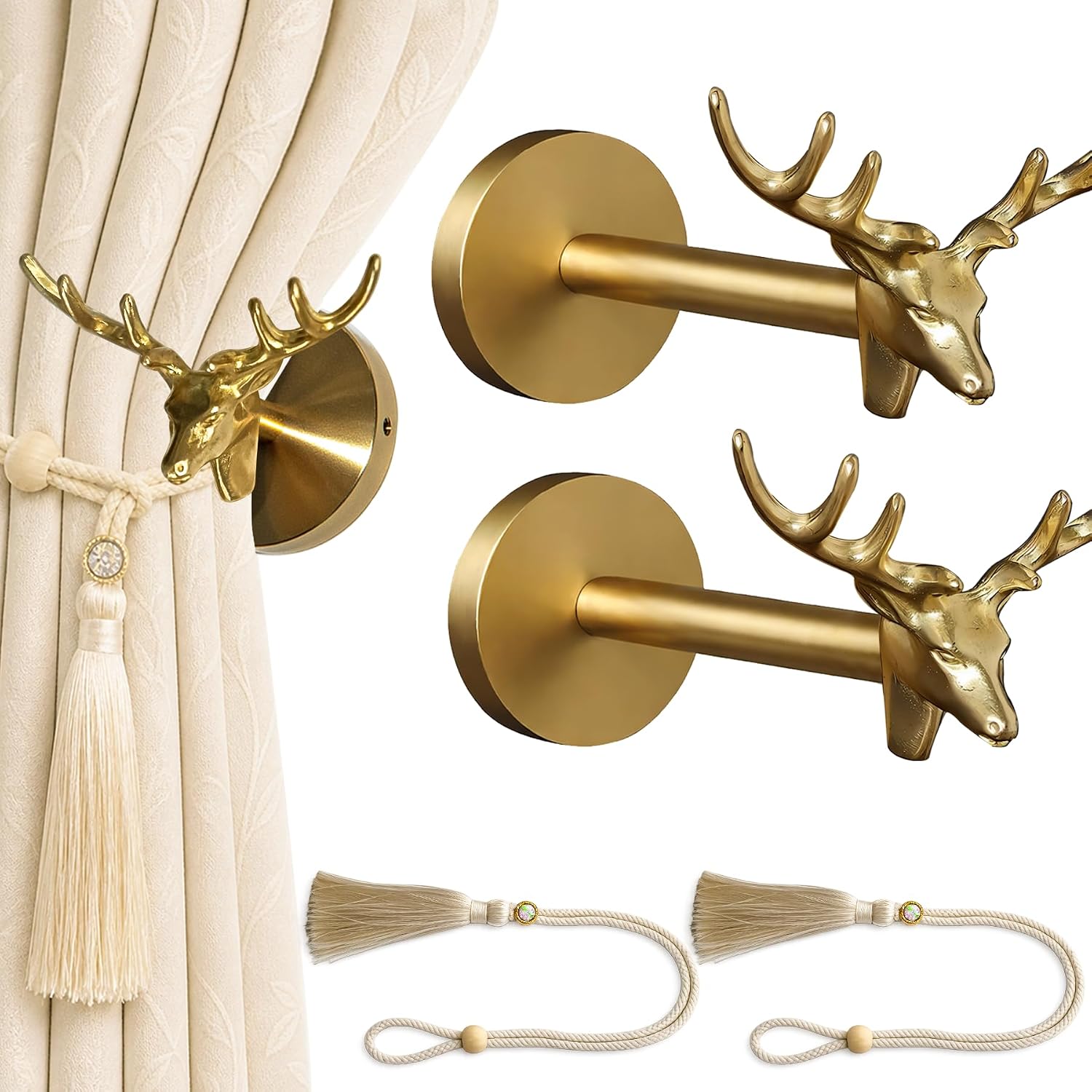 2 Pack Antler Curtain Holdbacks, Solid Brass Heavy Duty Vintage Animal Curtain Holders, Wall Mounted Drapery Hooks for Window Home Decor, Includes 2 Pcs Curtain Ties