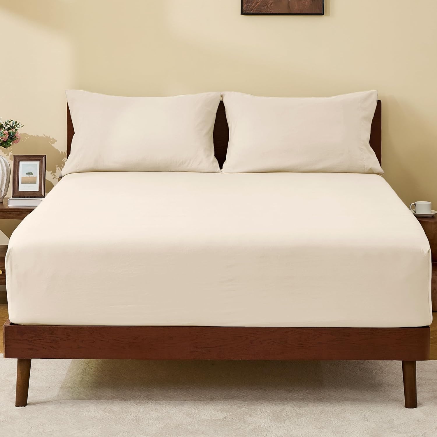 GOKOTTA Queen Fitted Sheet and 2 Pillowcases (No Flat Sheet), Deep Pocket Fitted Sheet with Elastic Corner Straps for 10-16 Inch Mattress - Soft, Breathable, Hypoallergenic Microfiber - Beige