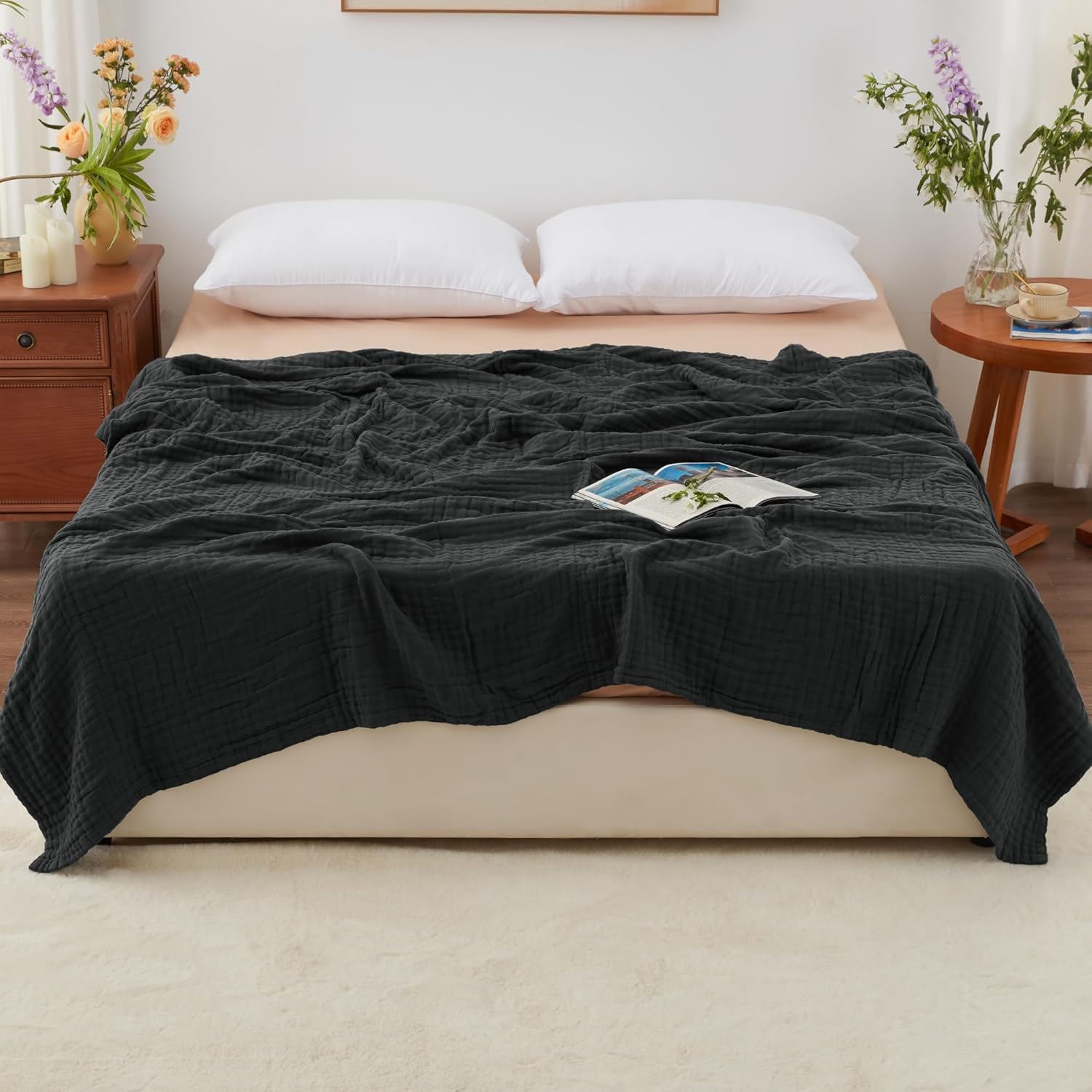 Love's cabin 6 Layer 100% Cotton Muslin Blanket, 108"x90" Muslin King Size Blanket for Bed Couch, Lightweight and Breathable Cotton Gauze for Adult, Black - Image 2