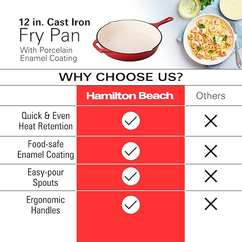 Miniatura 5 de Hamilton Beach Sartén de hierro fundido esmaltado de 12 pulgadas, color rojo, revestimiento de esmalte crema, sartén para estufa y horno