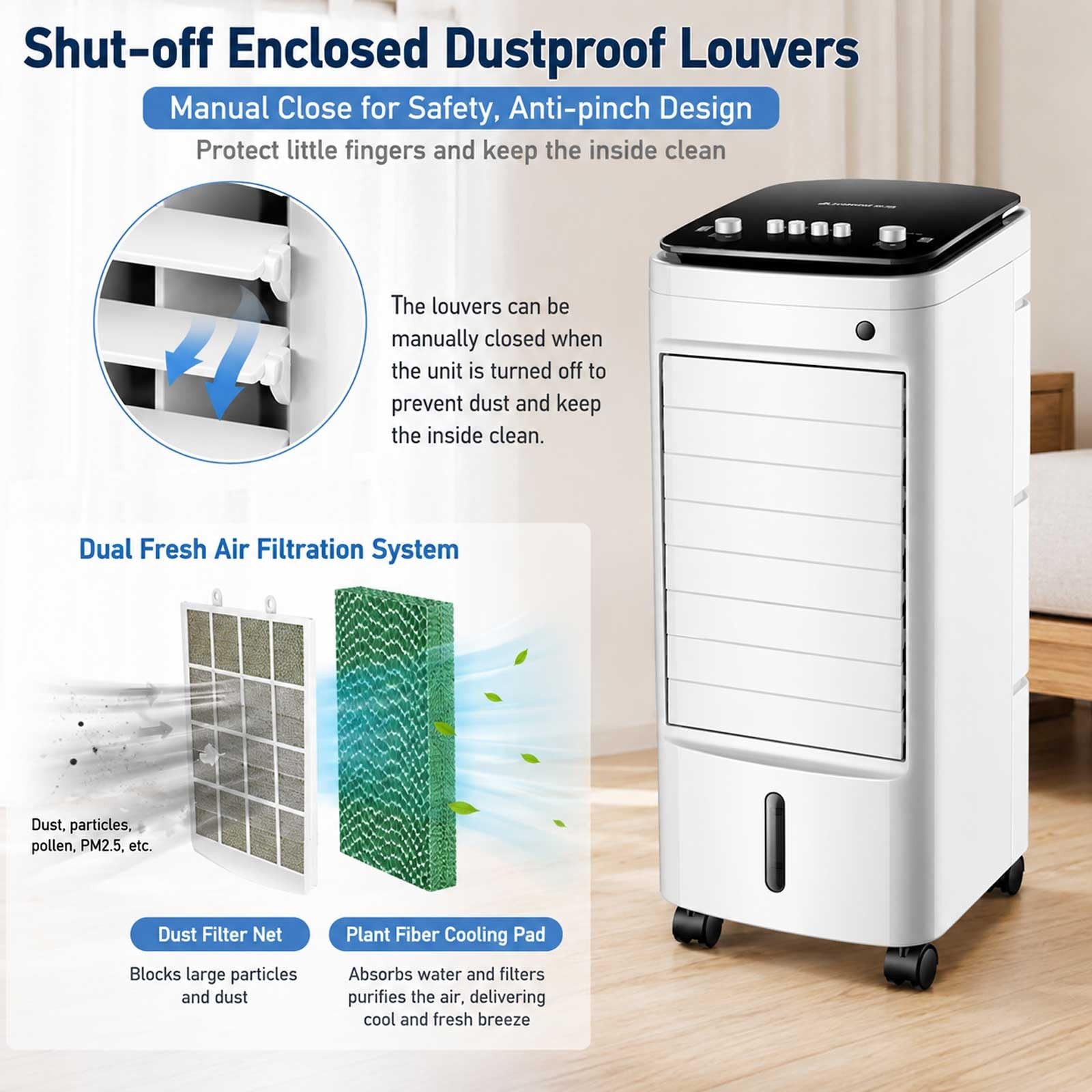 Climatizador Evaporativo, Aparatos Aire Acondicionado Portatil de 220 CFM con Flujo de Aire de Gran Angular de 120°, Depósito de Agua de 5 L, 3 Modos y Velocidades de Viento
