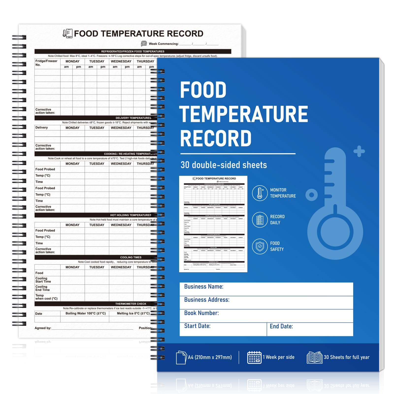 1 Pack Food Temperature Record Book A4 Fridge Temperature Log Book 60 Pages Food and Fridge Temperature Record Sheet Weekly Monitor Refrigeration Delivery Holding Temps for Restaurants Hotel