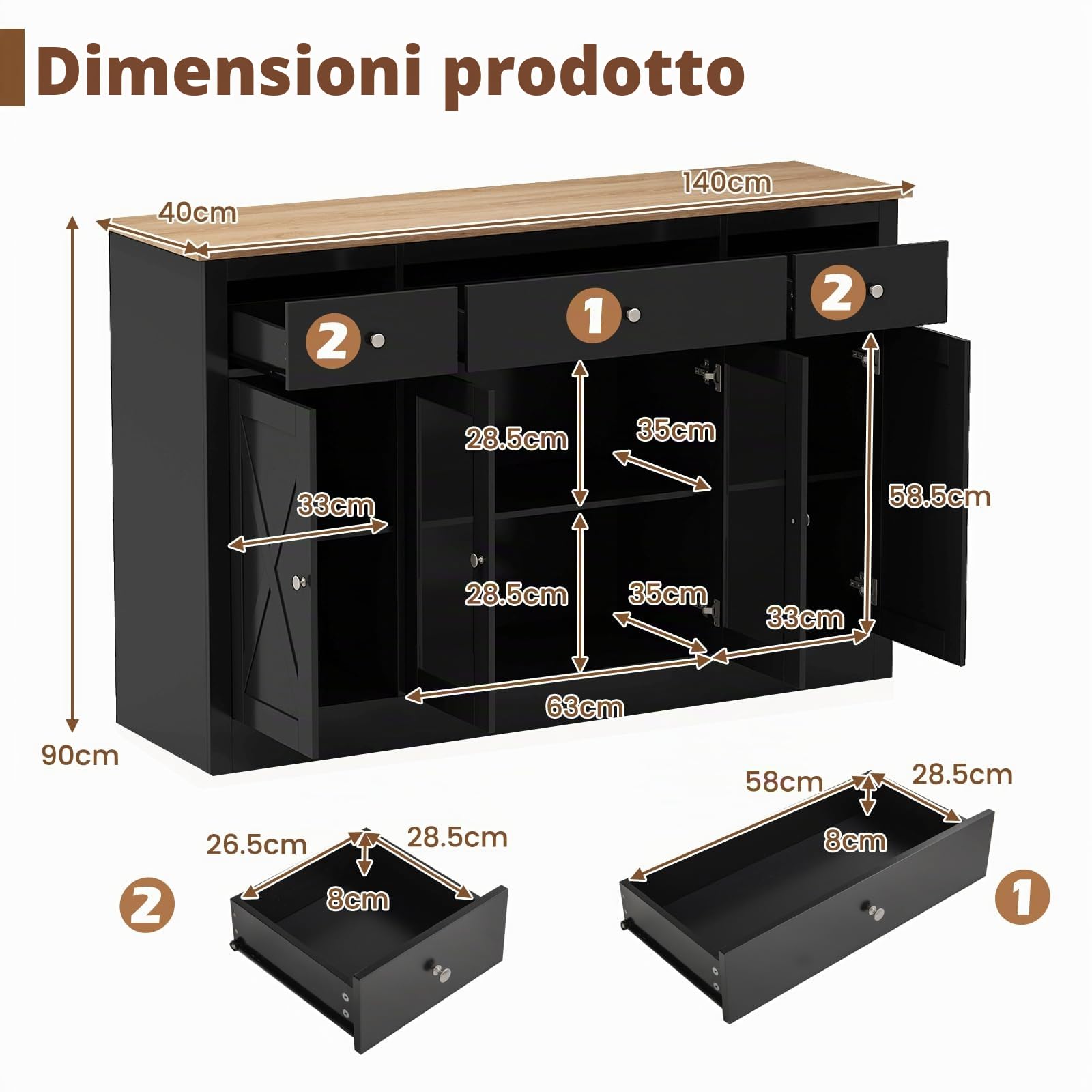 KOMFOTTEU Mobile Buffet Basso, Credenza Moderna da Cucina con 3 Cassetti, 3 Armadi con Ante, Mobiletto Multiuso con Ripiani Regolabili per Soggiorno, Sala da Pranzo, 140x40x90cm (In 2 Pacchi) (Nero)