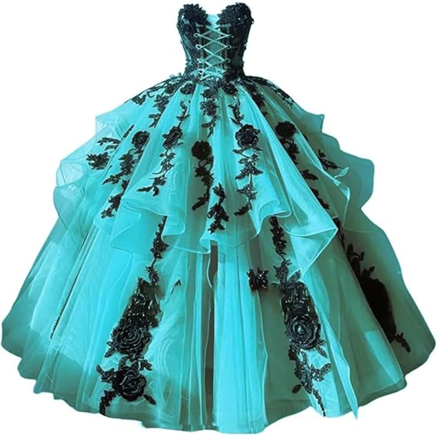 Women's Organza Lace Applique Prom Dress Lace-Up Sweetheart Quinceanera Dress