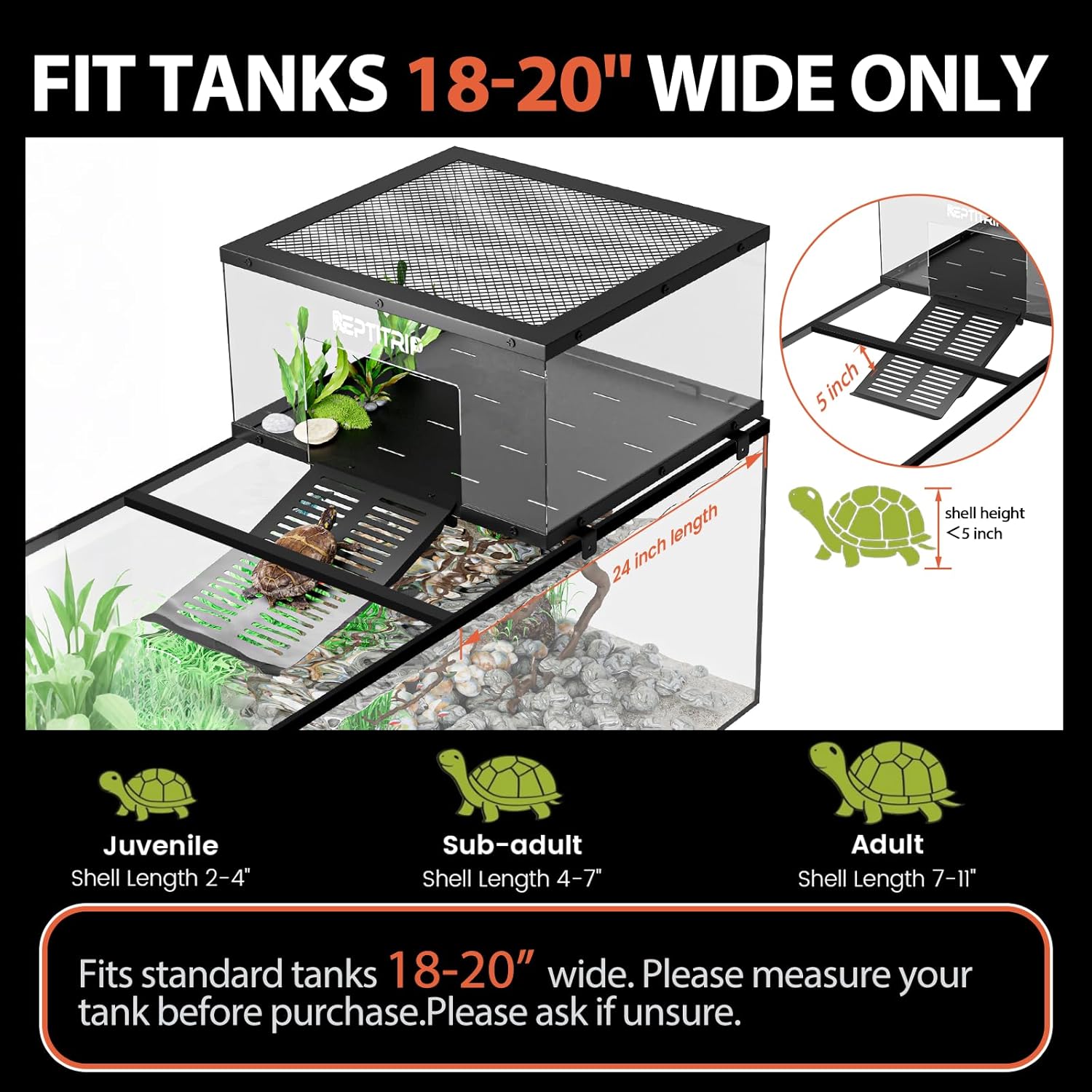 Turtle Basking Platform & Dock - Stainless Steel Turtle Ramp, Non-Slip Surface - Fits 18-20 Inchs Wide Aquariums