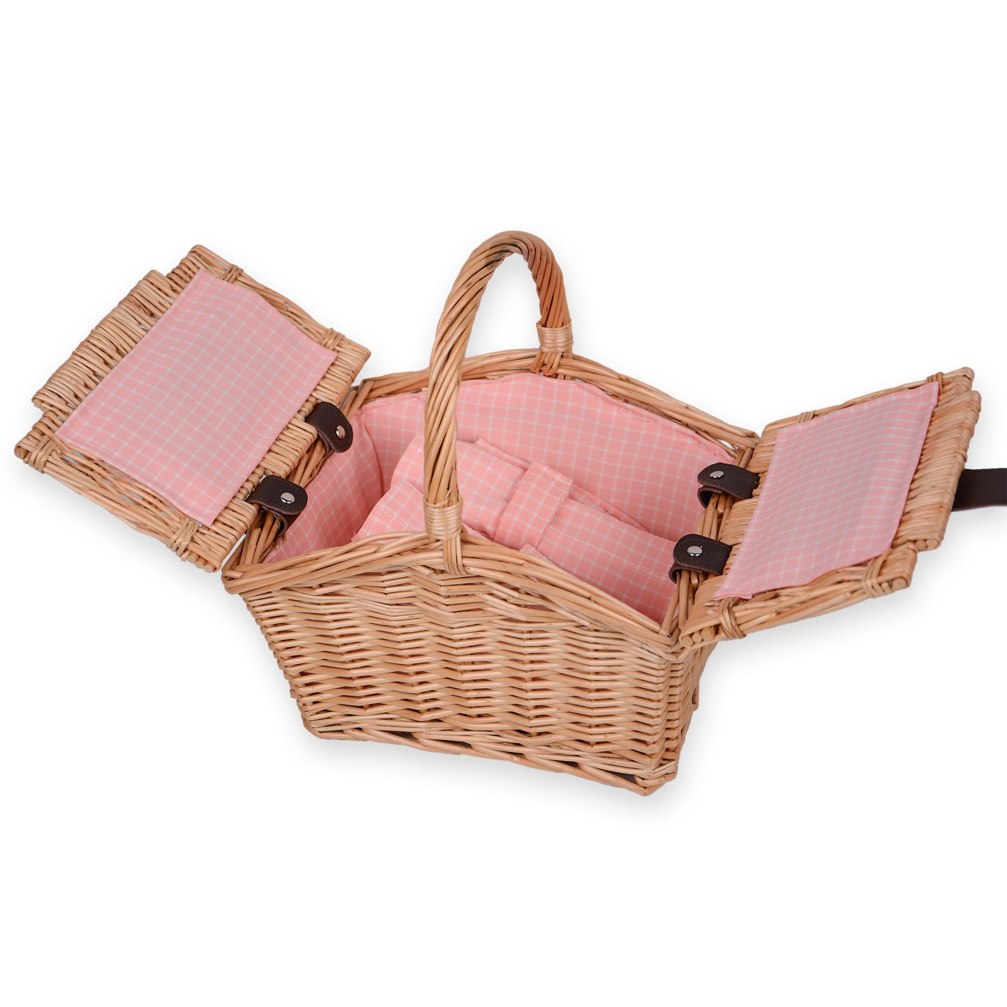 UNUS® Picknickkorb für Kinder rechteckig aus Weide mit Stoffauskleidung, Komplettset für 2 Personen mit Besteck, Tellern und Bechern, tragbarer Weidenkorb für Picknick und Ausflüge