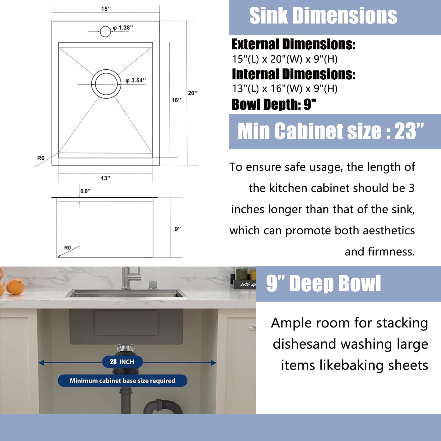Bar Sink Drop In, 15 x 20 Inch Kitchen Sink, Stainless Steel Square Small Topmount Workstation Sinks, Single Bowl Kitchen Sinks for Office Laundry Wet Bar Prep RV Outdoor Yard