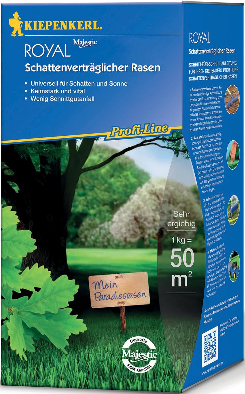 Kiepenkerl Profi-Line Royal Schattenverträglicher Rasen, 1 kg - 660403 - Universell für Schatten und Sonne - Keimstark und vital - Wenig Schnittgutunfall - Rasensamen, Schattenrasen
