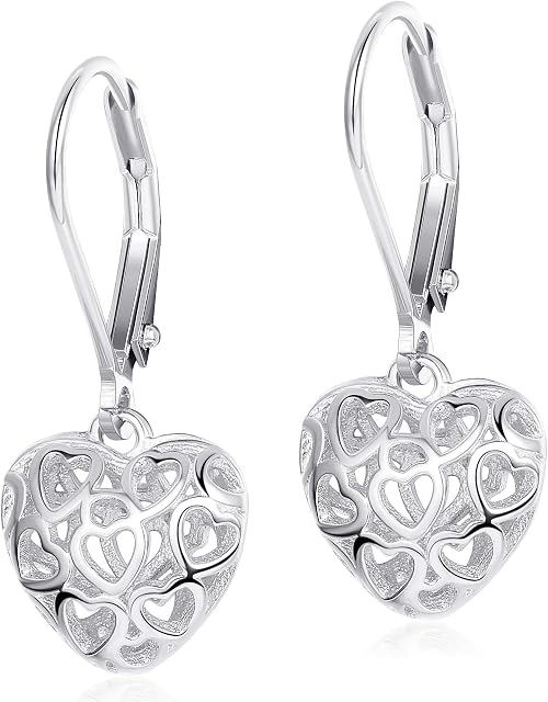Milacolato Heart Earrings S925 Sterling Silver Hollow Shaped Leverback Earrings for Women Girls Dangle Drop Earrings