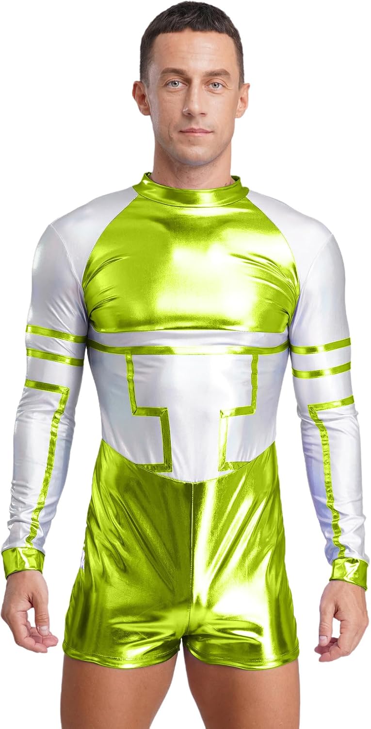 Agoky Adult Mens Metallic Shiny Aline Costumes Robot Outfits Space Themed Party Dress Up Bodysuit