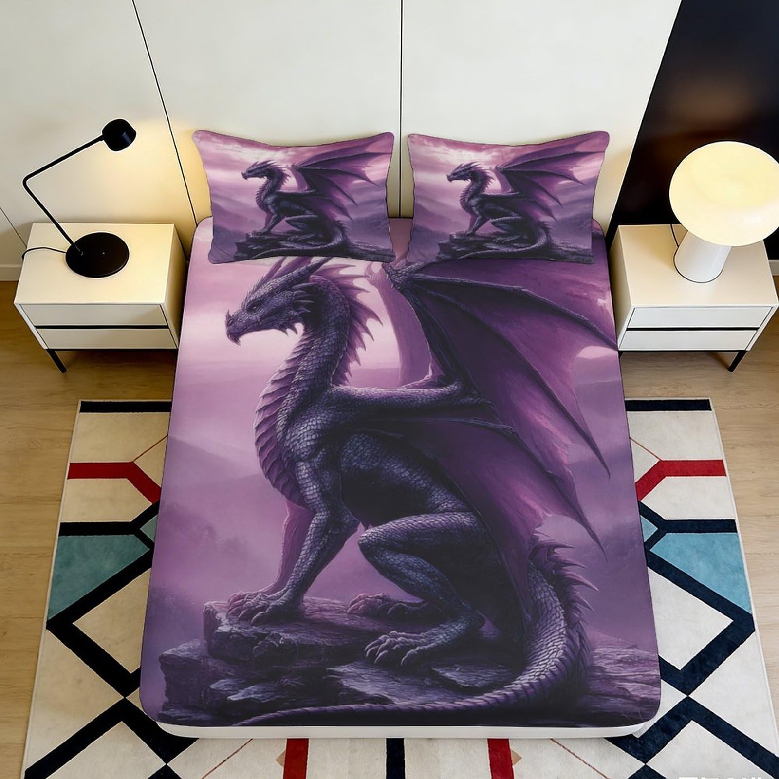 3D Printed Purple Dragon Fitted Sheet Microfiber Soft Slip-Resistant Fantasy Wing Bed Cover for Bedroom Dorm Decor 90x200x25cm