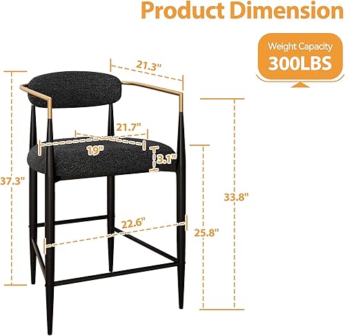 Miniatura 2 de Morden Fort Juego de 2 taburetes de bar de altura de mostrador, modernos taburetes tapizados con respaldos y patas de metal negro, sillas de isla de