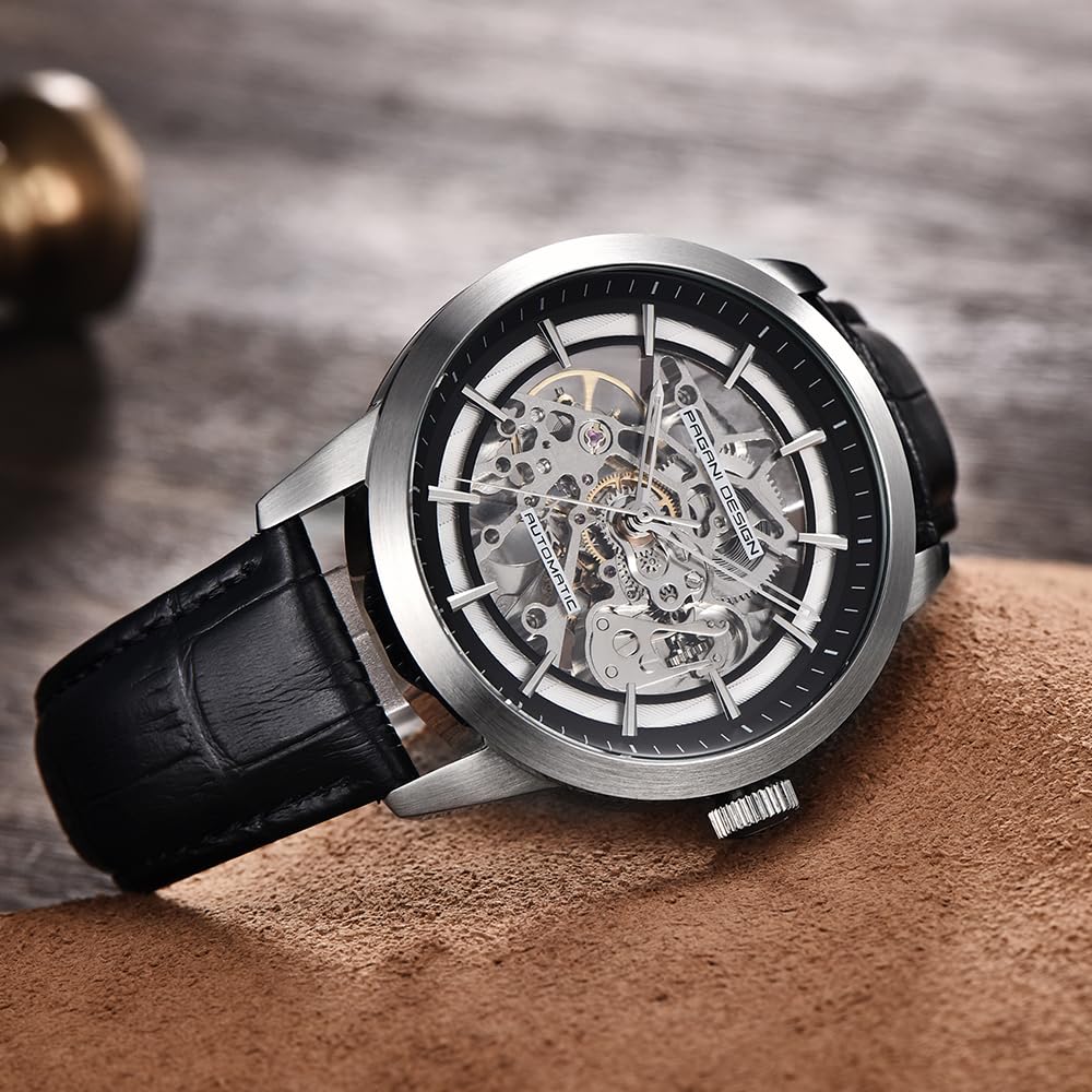 Pagani Design 1638 - Reloj de pulsera automático para hombre, con esfera de esqueleto, correa de piel auténtica, reloj de pulsera mecánico analógico hueco informal