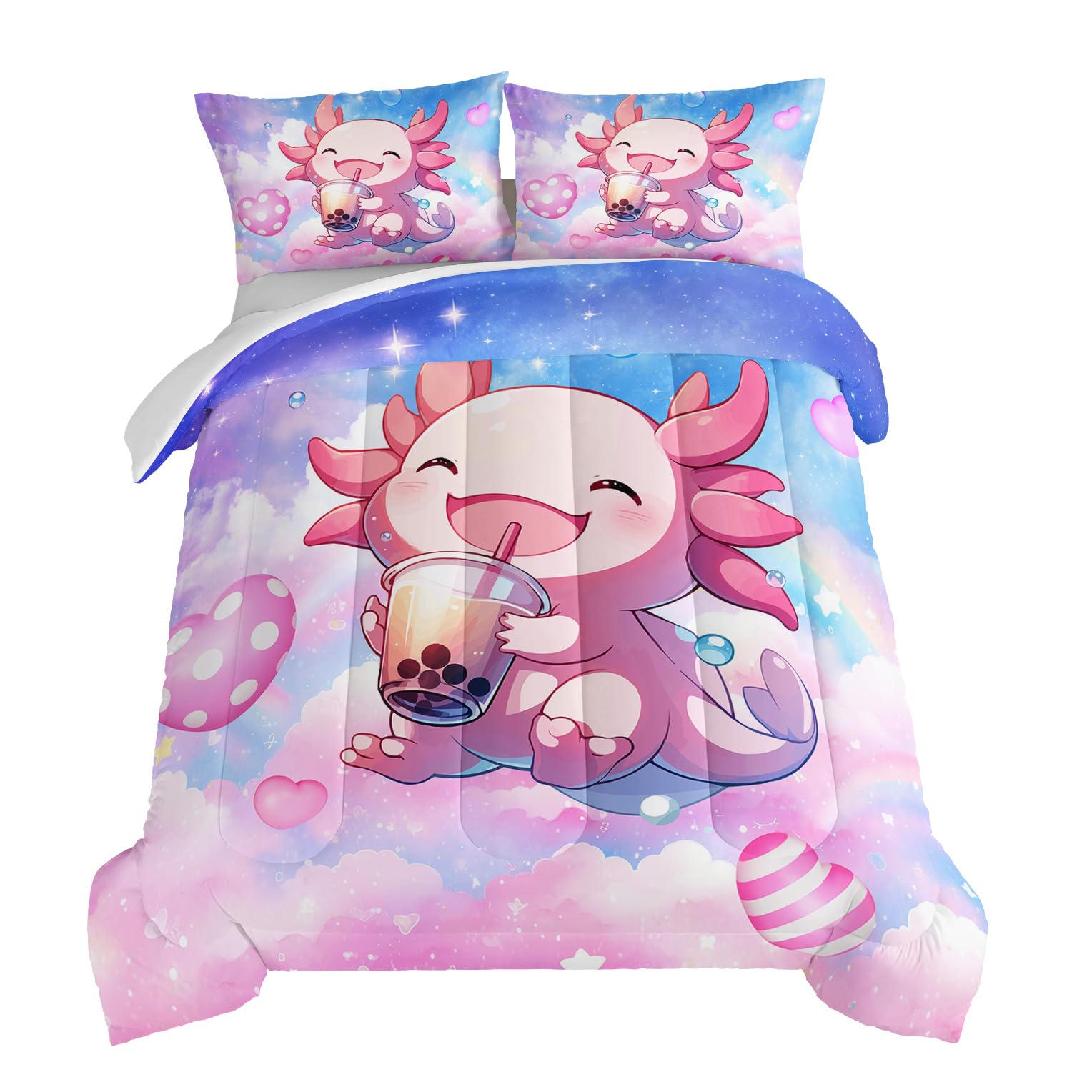 Parure de lit 3 pièces axolotl mignon et arc-en-ciel rose pour grand lit fille