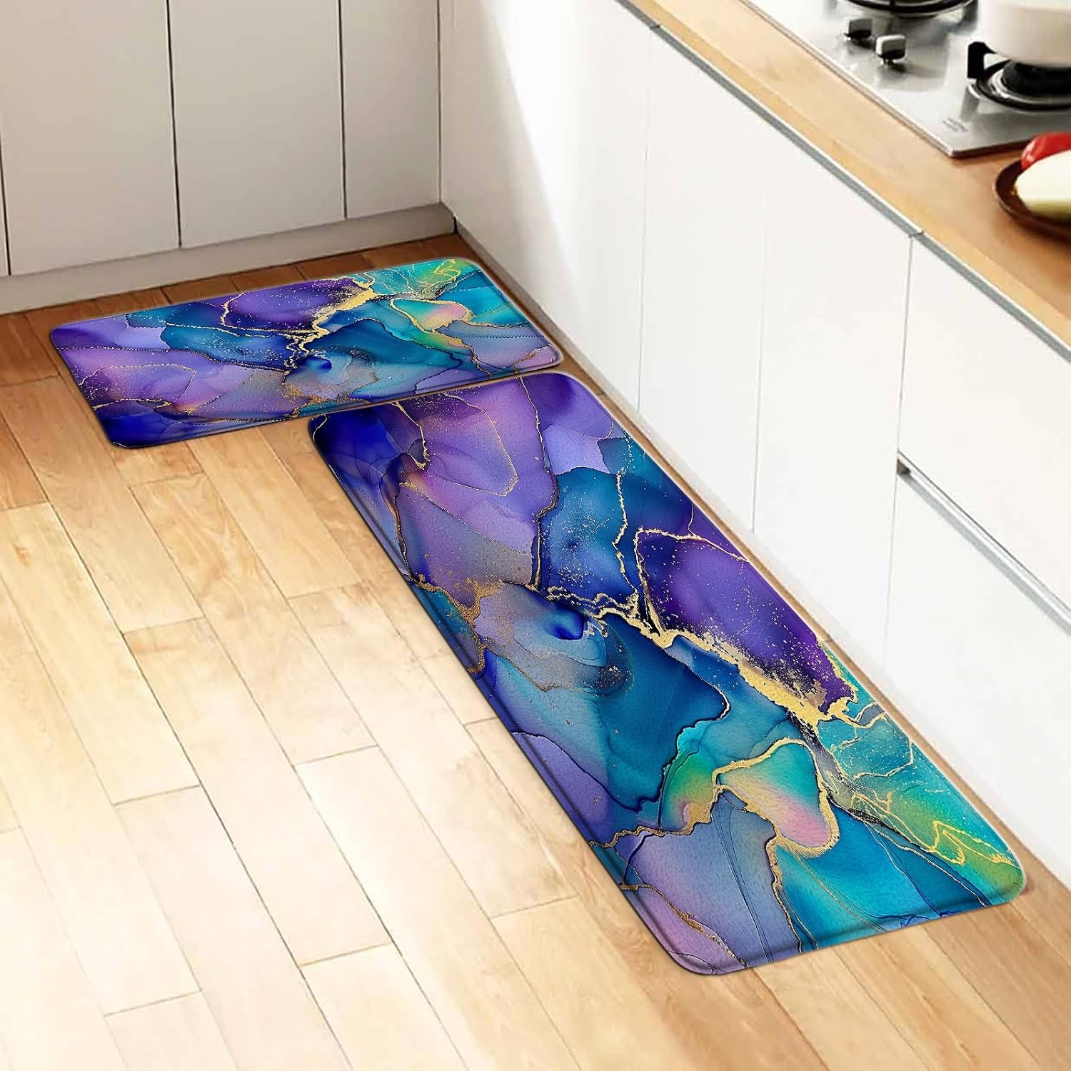 Blue Purple Marble Bath Mat Abstract Modern Colorful Ombre Texture Aesthetic Watercolor Gradient Soft Plush Memory Foam Bathroom Living Room Bedroom Rugs(18x30 Inch and 16x48 Inch)