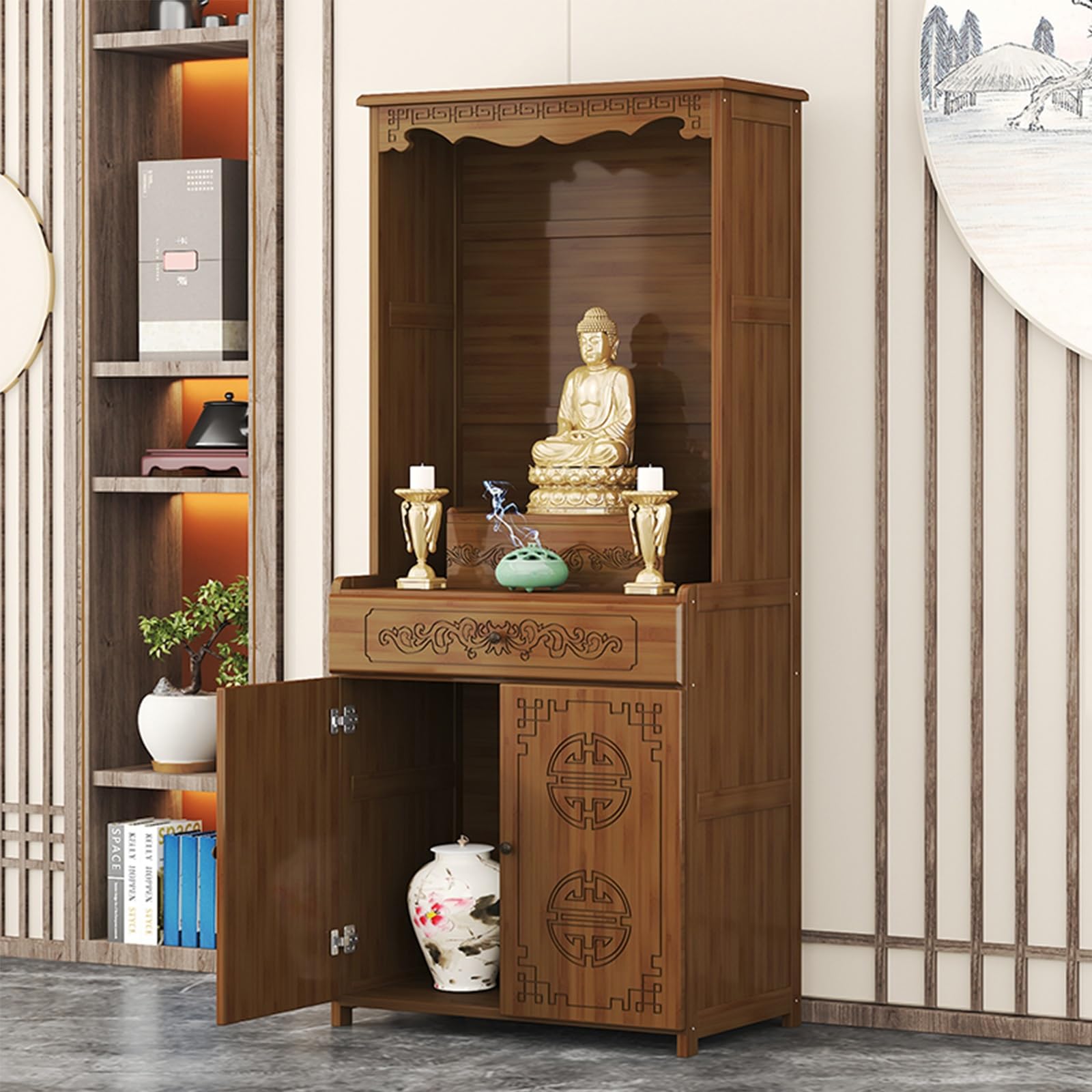 MESCXTY Open Altar Cabinet with Large Storage,Intricate Chinese Pedestal Offering Table, Fengshui Statue Display Shelf,Buddhist Table Drawer for Home Use