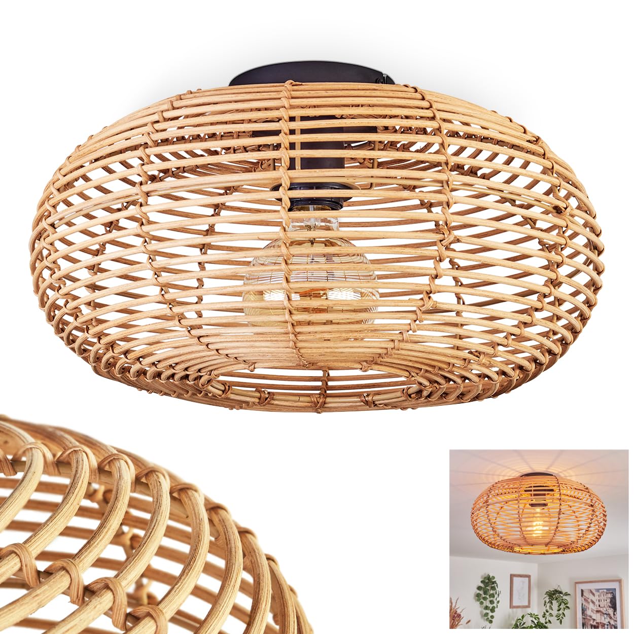 HOFSTEIN Deckenleuchte Mulstrand, Deckenlampe aus Metall/Bambus in Schwarz/Natur, runde Leuchte im Boho-Design Ø 40 cm, Lichteffekt durch Gitter-Optik, E27, Esszimmmer, Schlafzimmer, Wohnzimmer, Küche
