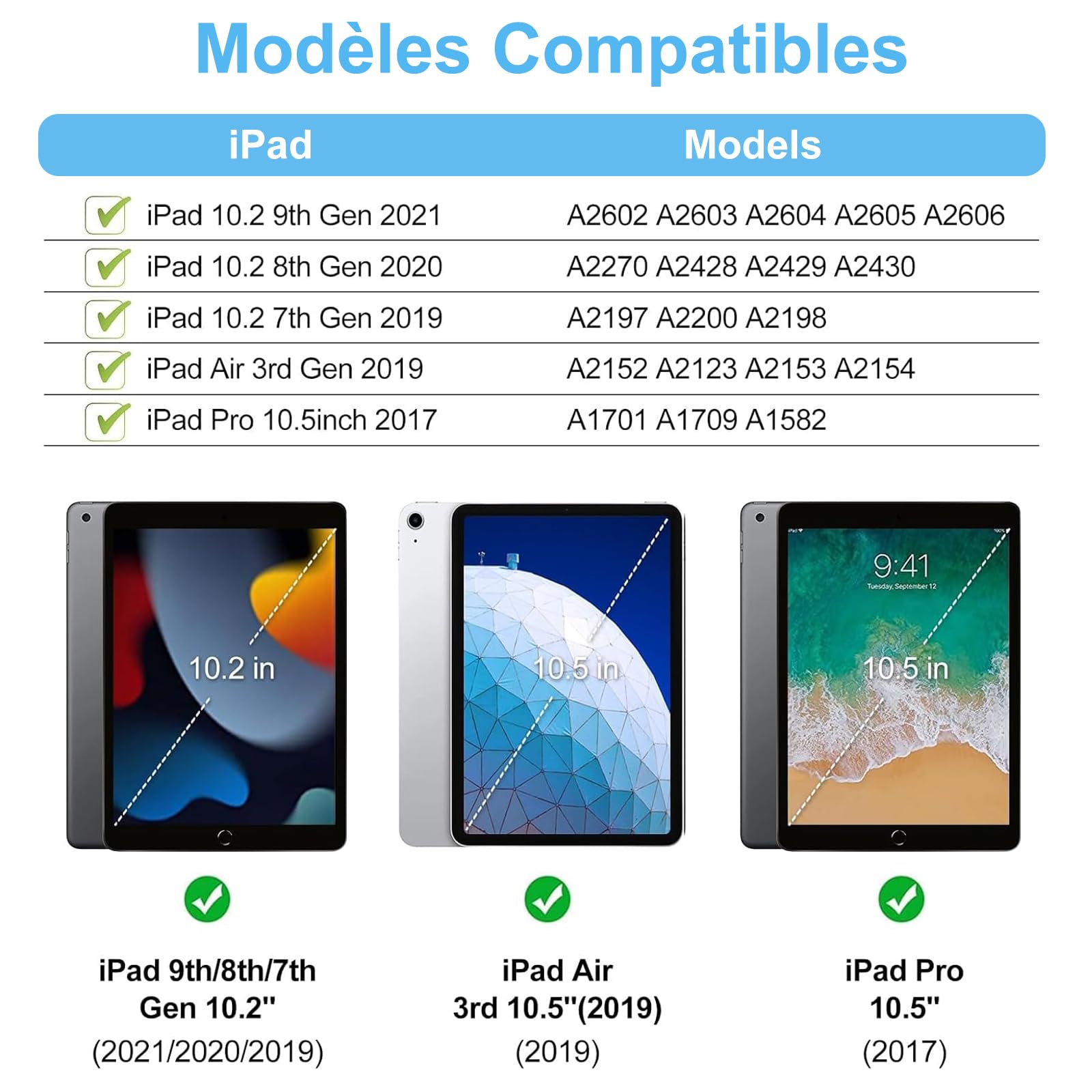 Coque Clavier pour iPad 9e/8e/7e Génération 10.2 Pouces, AZERTY Français Housse Clavier Bluetooth Détachable avec Porte Crayon pour iPad 2021/2020/2019 10.2"/Air 3 2019/iPad Pro 10.5 2017, Bleu Ciel